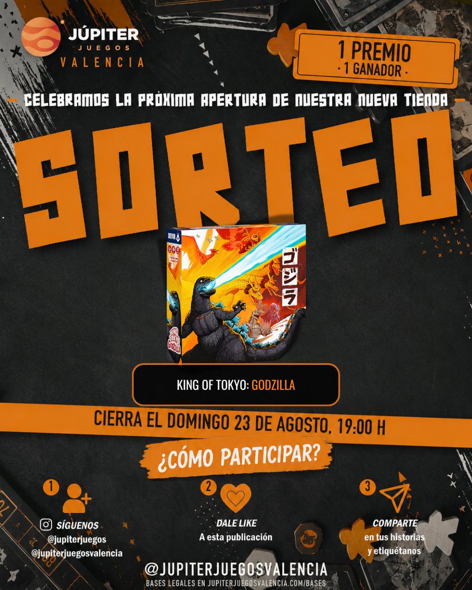 Jupitervlc's tweet photo. 🎁SORTEO Nº2 🎉
Como ya sabéis, la apertura de nuestra tienda en València cada día está más cerca. 

Por eso vamos a celebrarlo con un segundo sorteo:
 KING OF TOKYO: GODZILLA

👉Participa y síguenos en Instagram:📷🪐
https://t.co/X6Z1vjGTow

Cierra este domingo 23 a las 19:00h⌛️ https://t.co/CMWT8Qs6Dr