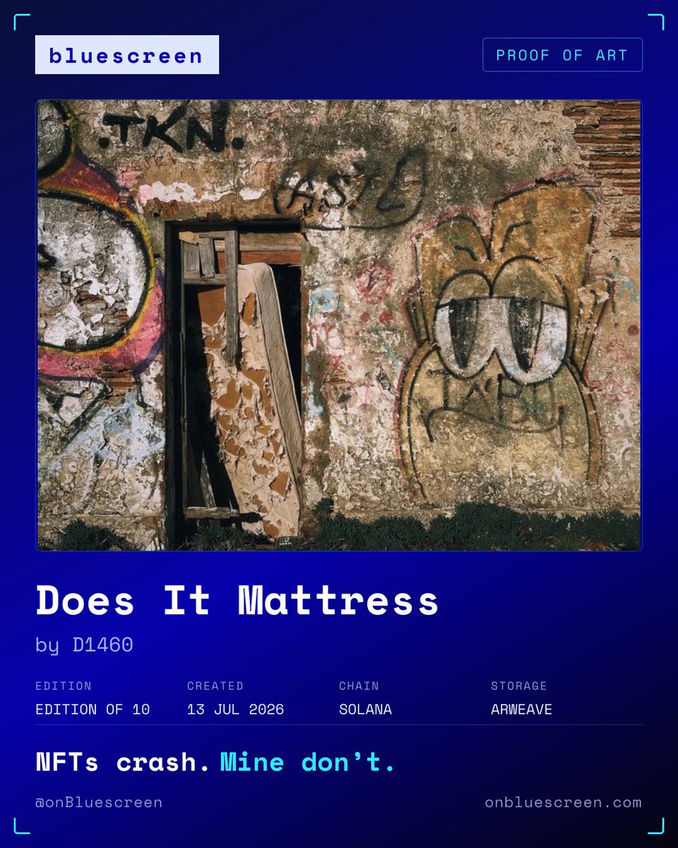 d1460_nft's tweet photo. "Does It Mattress" by @d1460_nft on @onBluescreen ๐ฅ๏ธ๐ฆ
nfts crash. mine don't.
#bluescreen
https://t.co/sO4CvMfxl0 https://t.co/MEdMG2LIZi