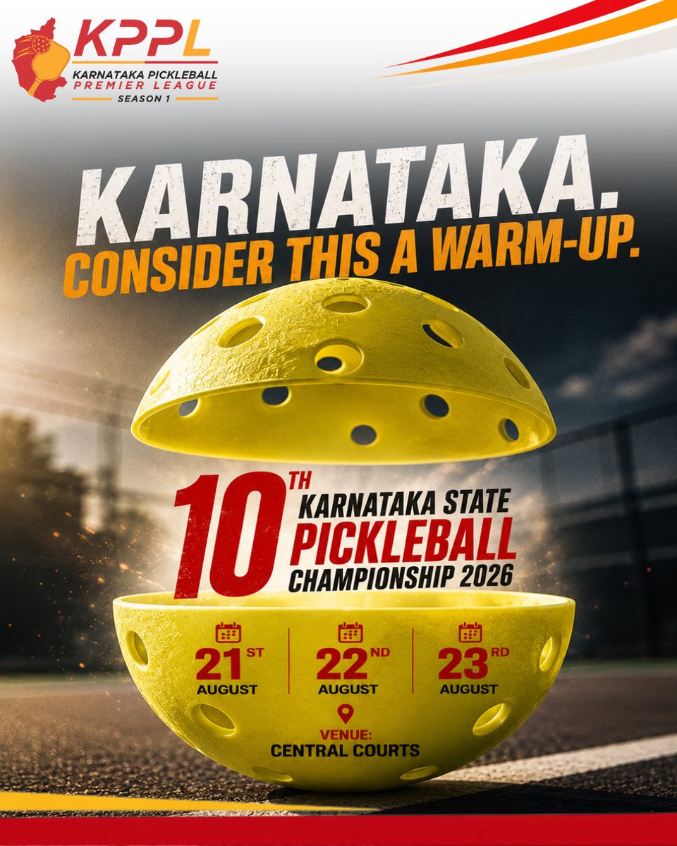 KPPLeague_'s tweet photo. The warm-up starts NOW. 🔥

10th Karnataka State Pickleball Championship
21–23 August 2026 | Central Courts, Bengaluru

And if this is the warm-up… imagine what KPPL Season 1 will look like. 👀

#KPPL #KarnatakaPickleballPremierLeague #PickleballIndia #KarnatakaPickleball https://t.co/KE69uVjsFg
