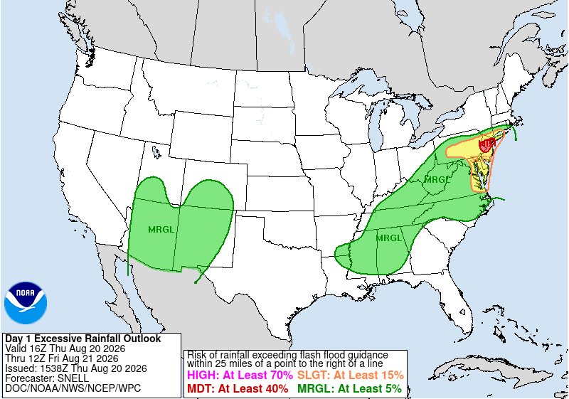 NWSWPC's tweet photo. A MODERATE risk is in effect in our Day 1 Excessive Rainfall Outlook. More details: https://t.co/cfgBoWyKla https://t.co/npxWwLlDOj