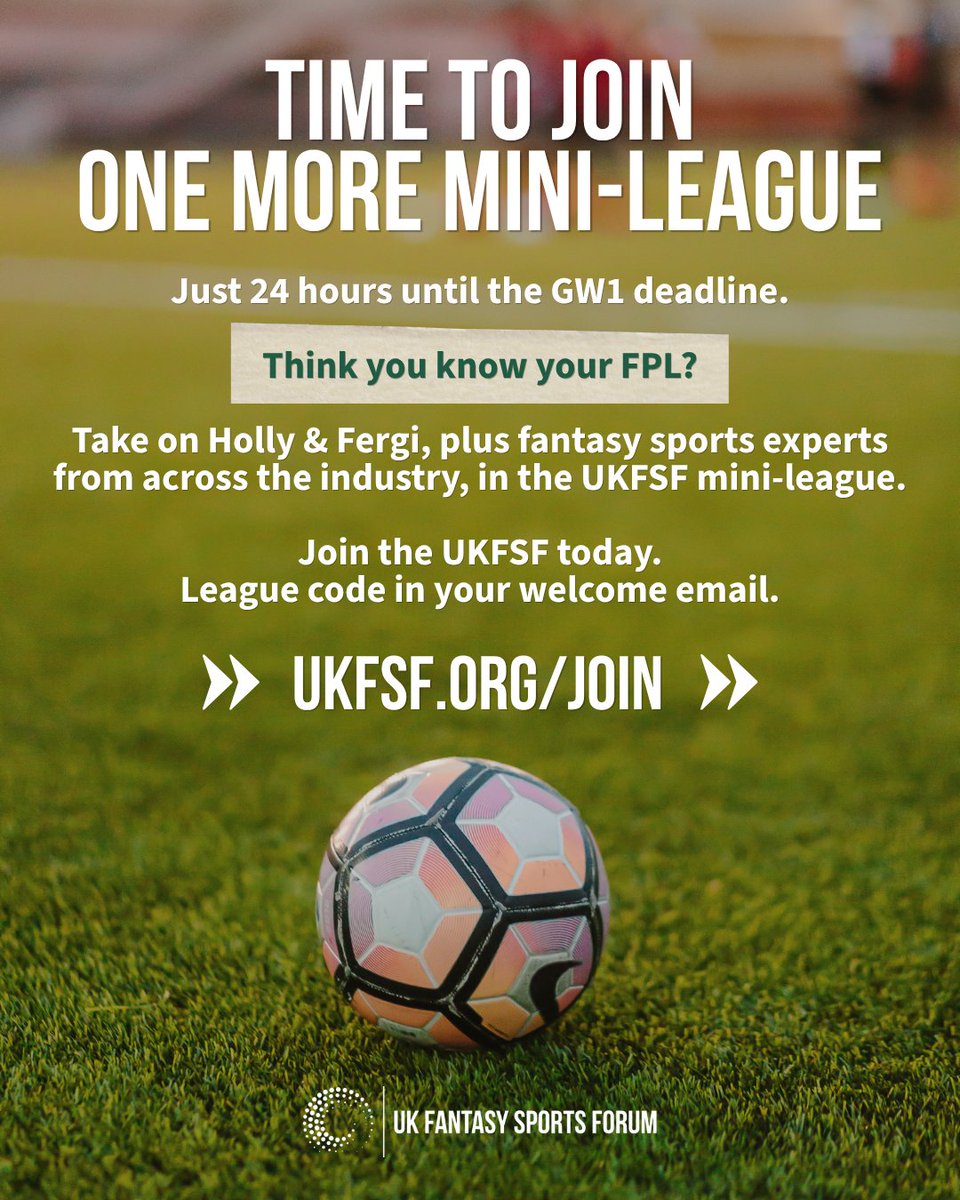UKFSF's tweet photo. With just 24 hours until the GW1 deadline, we’re opening up the UKFSF mini-league.

Take on @HollyShand , @FFH_Fergi and fantasy sports experts from across the industry - and earn the all-important bragging rights.

Join the UKFSF for free to get the league code 👇
https://t.co/LfWF1GylBd

You’ll find the code in your welcome email.

#FPL #FantasyPremierLeague #FantasySports #UKFSF