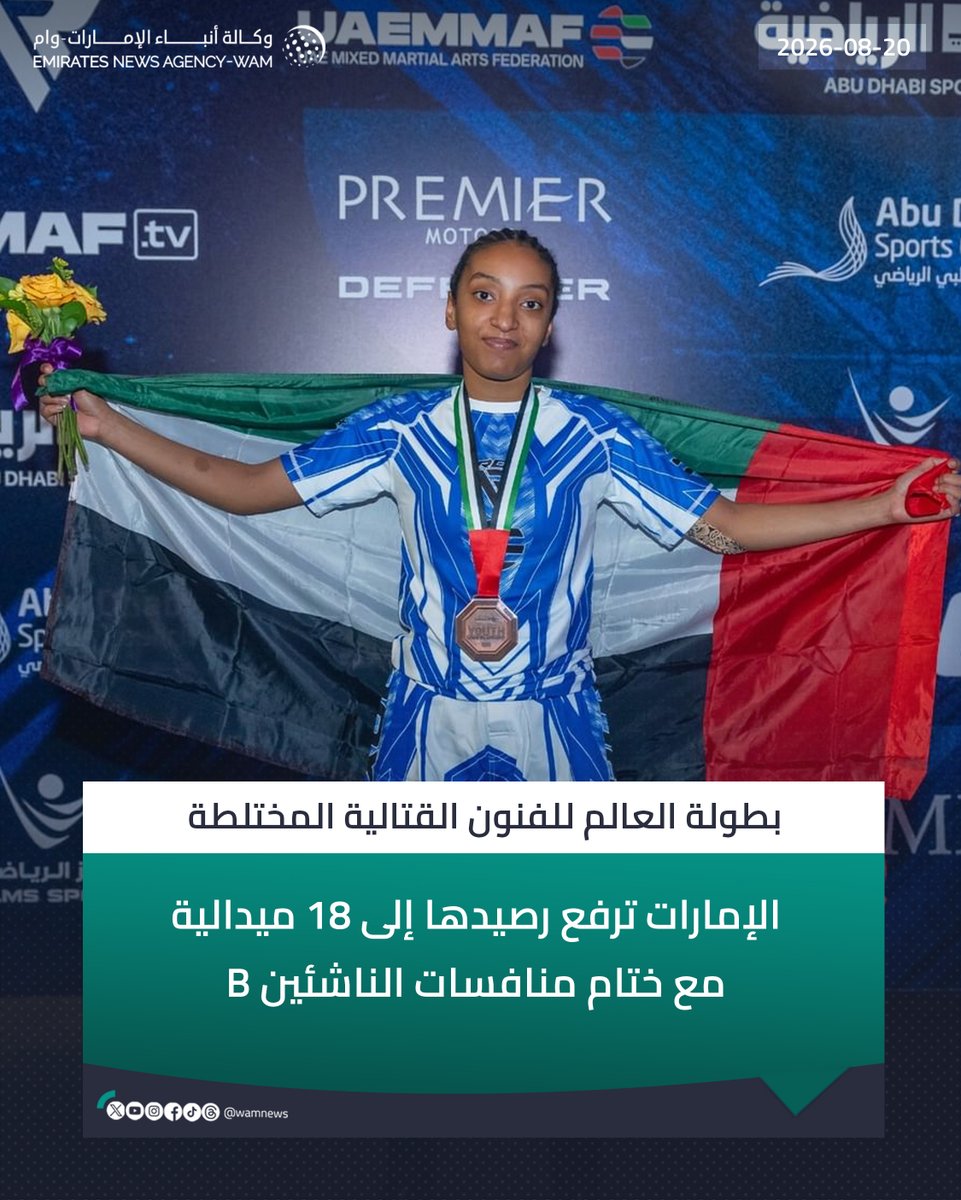 wamnews's tweet photo. بطولة العالم للفنون القتالية المختلطة..الإمارات ترفع رصيدها إلى 18 ميدالية مع ختام منافسات الناشئين B

#وام 

https://t.co/1rhDbTJBxn https://t.co/CV52FEGBRE