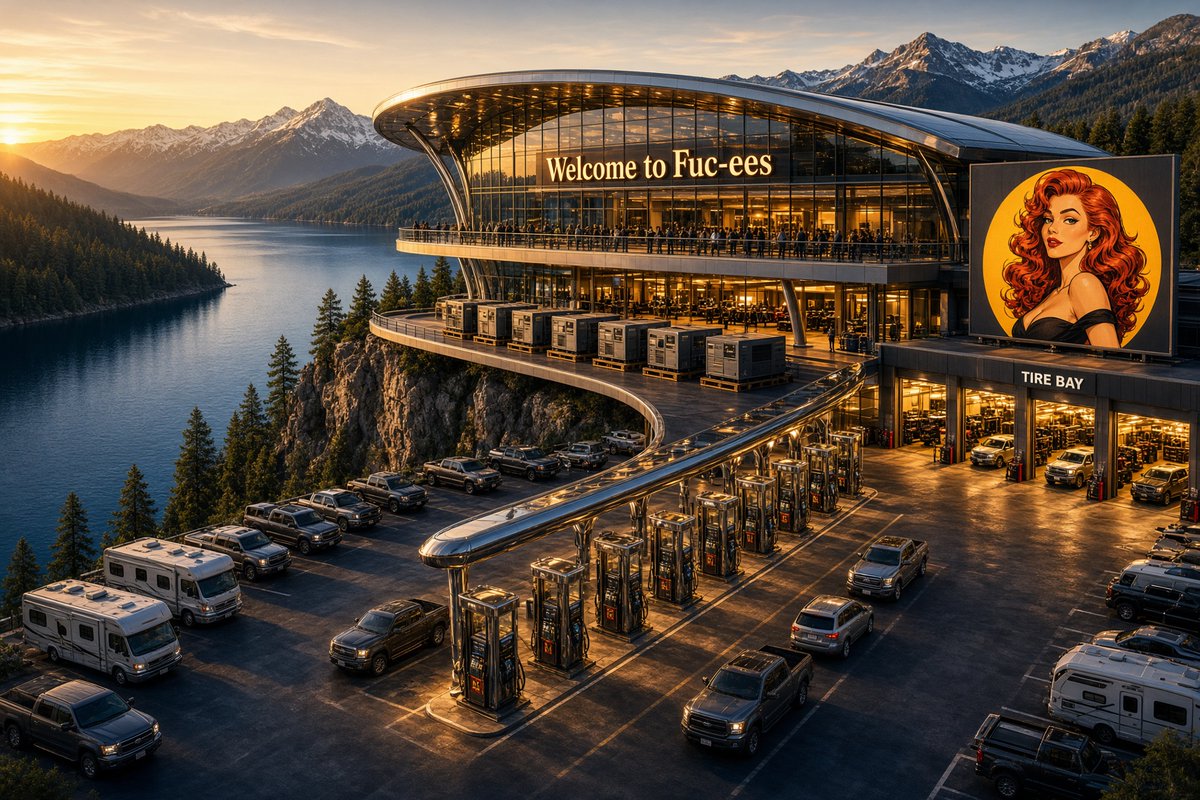 Selene_Mariposa's tweet photo. INTRODUCING FUC-EES

I have a business plan and I would like investors.

Six locations. Every one sits four hundred yards past the California state line on Interstate 15, Interstate 40, Interstate 10, Interstate 8 and Interstate 80. Arizona and Nevada. You will see the sign before you see the border.

And a seventh, which is the flagship.

Stateline, Nevada. Right at the edge of Lake Tahoe, close enough that the second floor deck looks straight out over the water. You drive out of California, cross an invisible line, and there it is. Alpine lake, pine trees, a hundred and twelve gas pumps and a full service tire shop.

That one has slots.

Because it is Nevada and there is no reason not to. You can use a clean bathroom, play a hand of blackjack, eat at an all you can eat buffet featuring nine things Sacramento has outlawed, get four new tires fitted, and walk out having won a gas generator.

Nowhere else on the continent can you do all five of those in ninety minutes. That is not a truck stop. That is a civilisation.

No refinery at Tahoe though. Even I have limits.

Here is what we sell.

Gasoline at the actual price. Not the California price. The six interstate locations get their own small refinery, because two of theirs are closing and somebody has to do it.

Generators. An entire wing of them. California has banned the sale of new gas generators in a state that turns the power off on purpose, and I intend to be four hundred yards away when people work that out.

Leaf blowers. Chainsaws. Pressure washers. Lawn mowers. Everything with a small gas engine, which is now everything California will not sell you.

Those little green propane cylinders for camping. Banned there this year. We have a pallet.

Fireworks. The real ones. Not Safe and Sane. The other kind.

A plastic straw. In your hand. Immediately. No conversation about it.

Incandescent bulbs. A whole wall of them, warm and humming and gloriously inefficient.

Gas stoves, gas water heaters, gas anything. The gas department is enormous and the salespeople are unbearably smug.

Dishwashers that finish in under an hour and showerheads with an opinion.

Foie gras. Illegal there since 2012. I am not certain how many people want it, but that is rather the point.

The candy aisle carries every dye and additive Sacramento has taken a run at, plus a dedicated cooler for whatever they added to the list since I wrote this.

And a full sushi counter with actual sushi chefs, because Californians know sushi and it is the one thing on this list they will genuinely miss.

Two hundred and forty gas pumps. Eighty-three bathroom stalls, cleaned hourly, and the bathrooms are the entire point, because anybody who has driven that stretch knows exactly what the alternative is.

Brisket. Obviously brisket. And no, we are not carrying tri-tip. Tri-tip is a very good steak and it is not barbecue, and I will not be taking questions.

Nothing in the building carries a Prop 65 warning, because we are not in California and nobody has to tell you the parking lot causes cancer.

Now the part where I get sued.

Yes. Buc-ee's will sue us. Their legal department has flattened bigger and better funded people than me over a beaver, a font, and a general vibe of Texas.

I welcome it. I would like to be sued by Buc-ee's the way some people would like to meet Springsteen.

But I would rather partner.

Here is the pitch, gentlemen. You have forty odd locations and not one is within a thousand miles of the largest captive market in North America. Forty million people, an hour from a border, who cannot legally buy half of what you sell.

We are not competing with you. We are the customs checkpoint.

And the Tahoe location has slots and a view of the lake.

Call me. I will bring the numbers and I will wear the good shoes.

🦋