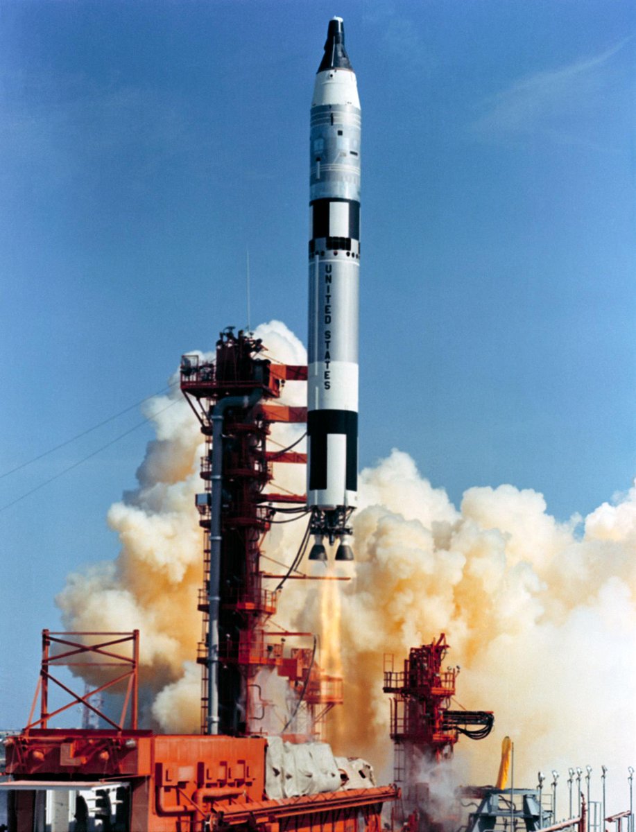NASAhistory's tweet photo. When astronauts Gordon Cooper and Pete Conrad launched into space OTD in 1965 for their unprecedented 8-day Gemini V mission, NASA was eager to see how the spacecraft and crew would hold up to long-duration spaceflight. 

As they made 120 revolutions around the planet in the close confines of the Gemini spacecraft, the astronauts made precision spacecraft maneuvers to simulate a rendezvous in space, undertook medical experiments, and took high-resolution photographs of Earth.