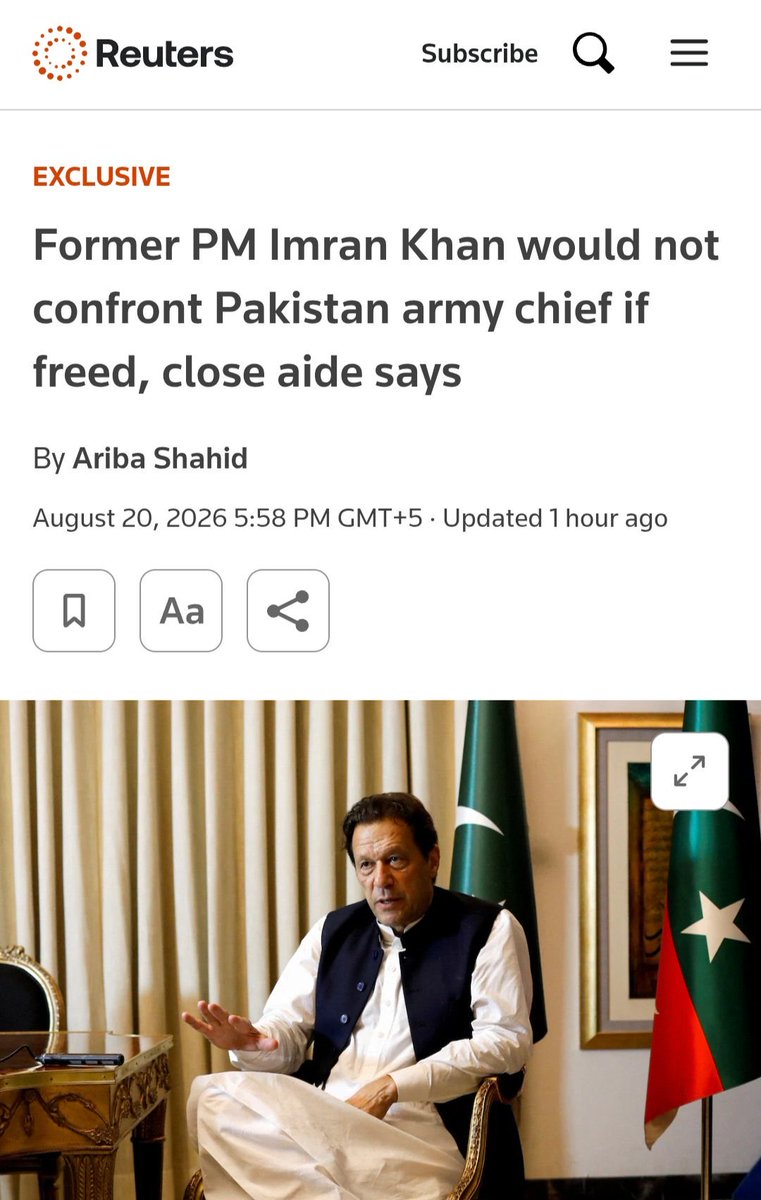 RShahzaddk's tweet photo. عالمی اخبار رائٹر کے مطابق عمران خان نے یقین دہانی کروائی ہے اگر اسے رہا کیا جائے وہ آرمی چیف پر تنقید نہی کرے گا 
ڈٹ کے کھڑا ہے کپتان https://t.co/KOw5GyNr59