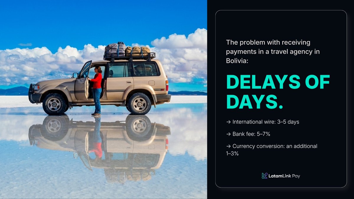LatamLinkpay's tweet photo. Tourism agencies in Bolivia deal with one specific payment problem daily:

International clients who want to pay in dollars – but the local system wasn't built for that.

Here's exactly what Latam Link Pay solves for them. 🧵 https://t.co/zGBD1UUUos