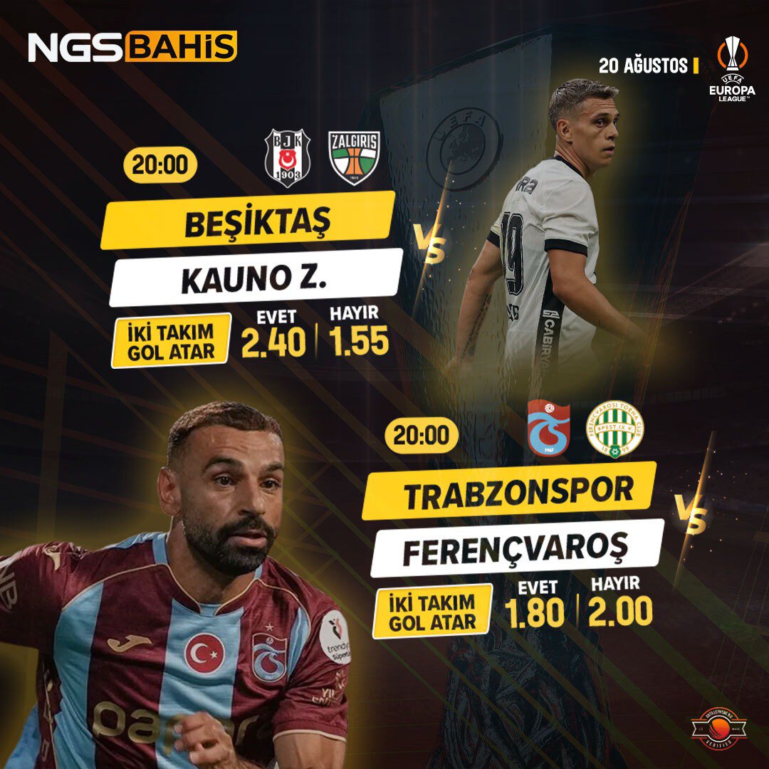 NGSxVip's tweet photo. Avrupa Ligi gecesinde iki temsilcimiz sahada! ⚽🔥

NGSBAHİS'e giriş yapmak için profildeki linke göz atın.

 🦅 Beşiktaş 🆚 Kauno Z. — 20:00
 💙❤️ Trabzonspor 🆚 Ferencvaros — 20:00

 Avrupa'da futbol gecesi başlıyor. 👀 https://t.co/FjDcBzQ9OC