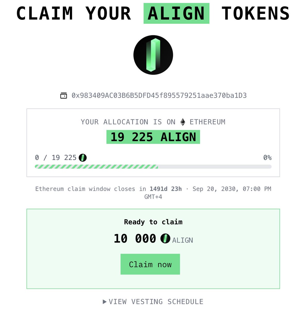 asedd72's tweet photo. Aligned Claim Live! 🪂

You can check and claim your $ALIGN airdrop allocation at: https://t.co/nOiAfiC83J

📊 Current Price: $0,026

Tradable on Rabby Wallet or @aeroxyz 

You can claim a maximum of 10,000 tokens, the remaining is vested until August 15, 2027 https://t.co/DQxaqmj7aD