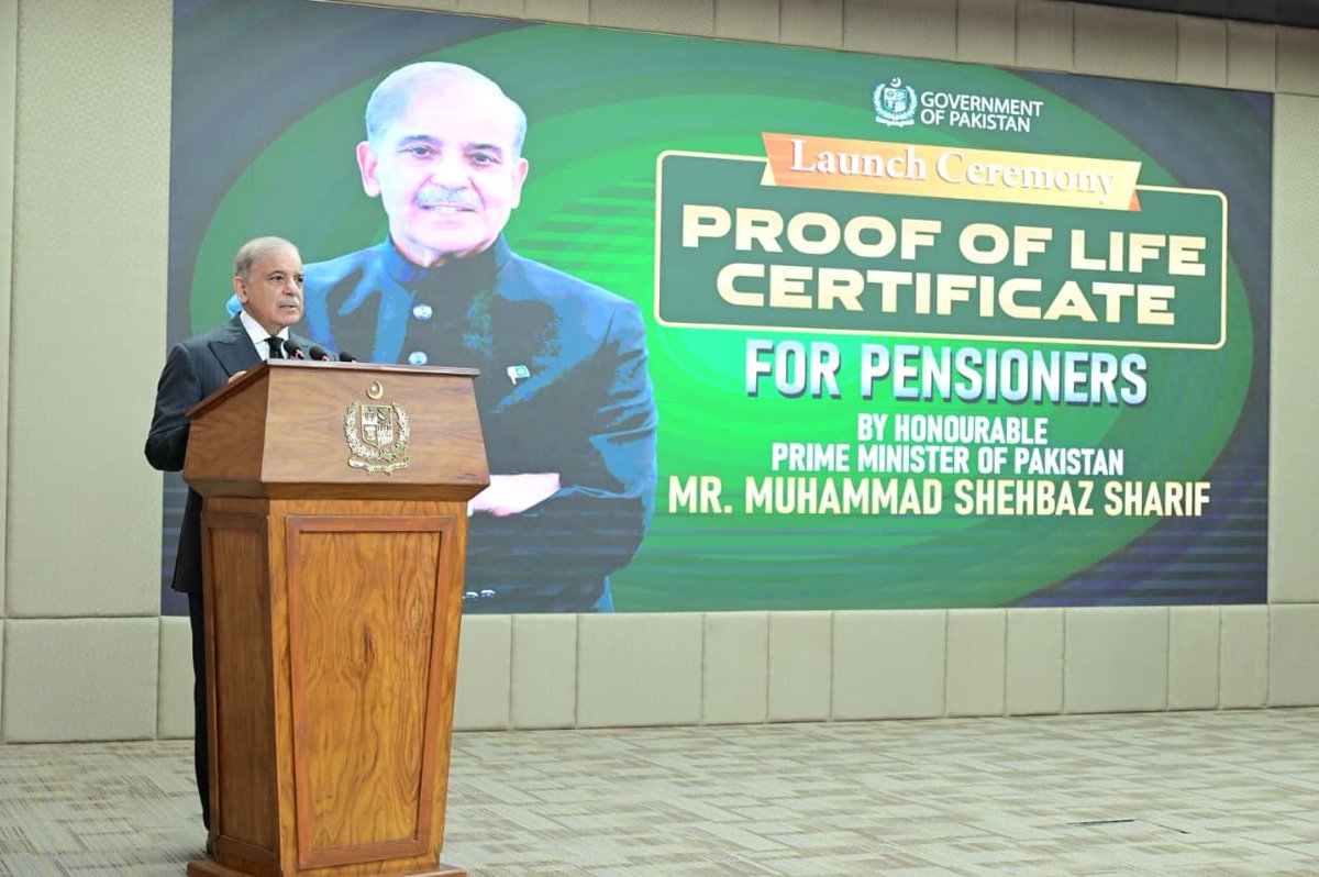 PakPMO's tweet photo. Prime Minister Muhammad Shehbaz Sharif addresses the launching ceremony of proof of life certificate for pensioners. Islamabad, 20 August 2026. https://t.co/R9fIj5hapw
