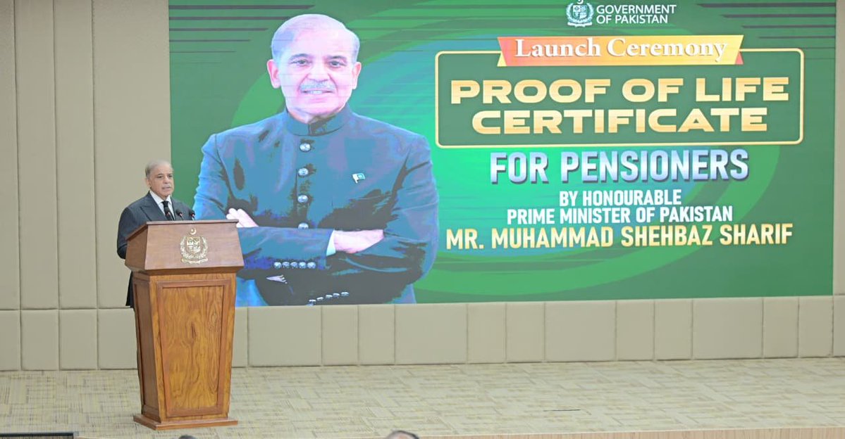 PakPMO's tweet photo. Prime Minister Muhammad Shehbaz Sharif addresses the launching ceremony of proof of life certificate for pensioners. Islamabad, 20 August 2026. https://t.co/R9fIj5hapw