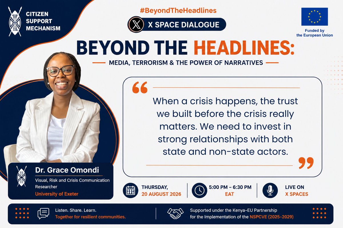CSMechanism's tweet photo. "When a crisis happens, the trust we built before the crisis really matters. We need to invest in strong relationships with both state and non-state actors." @ItsonGrace, Visual, Risk and Crisis Communication Researcher, University of Exeter

#BeyondtheHeadlines @NCTC_Kenya https://t.co/0eMWgfJVR7