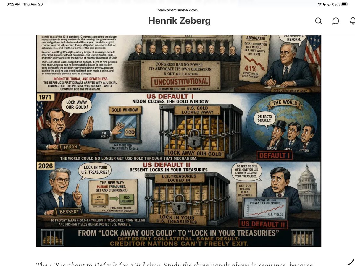 GlobalEqTiming's tweet photo. Excellent post from Henrik Zeberg here on X and from his Substack.

The USA is DEFAULTING on its debt for the third time.

[1] default on gold backed bonds in 1933

[2] default on gold backing of the US Dollar in 1971

[3] default on Treasury Bonds in 2026

None of these were/are called defaults admitted by the USA. These are pseudo defaults.

Why is #Gold going higher?

The market recognizes the USA is growing more desperate with $40 Trillion in debt and rising interest rates.

It is going to use Treasury Bills to buy high interest T-Bonds. To me, this means more inflation as these t-bills are created out of thin air to buy Treasury Bonds. 

Expect more desperate measures as the USA unravels.

The dollar broke sharply yesterday. Gold rose. 

Smart money has seen the writing on the wall for a long time.

Desperate governments do desperate things.

Its citizens will pay the price. That is You and me in ways we can only guess.

Only thing for sure is the USA Government will make all of us poorer. 

Governments are a creature with only its own interests of concern to it. Survival #1 for the government. Citizens be damned!