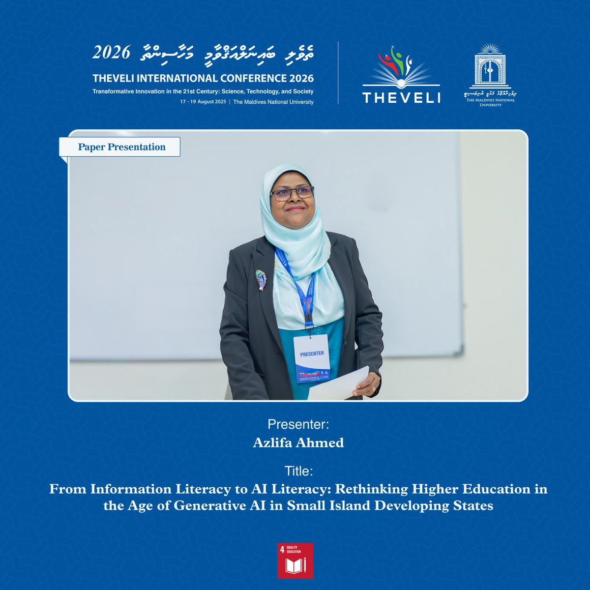 MNUedu's tweet photo. Theveli International Conference 2026 | Paper Presentations 
Day 1 (18th August 2026)
#Theveli #MNU #NationBuildingSince1973 #1UniversityInTheMaldives https://t.co/6KUv7XQ7vj
