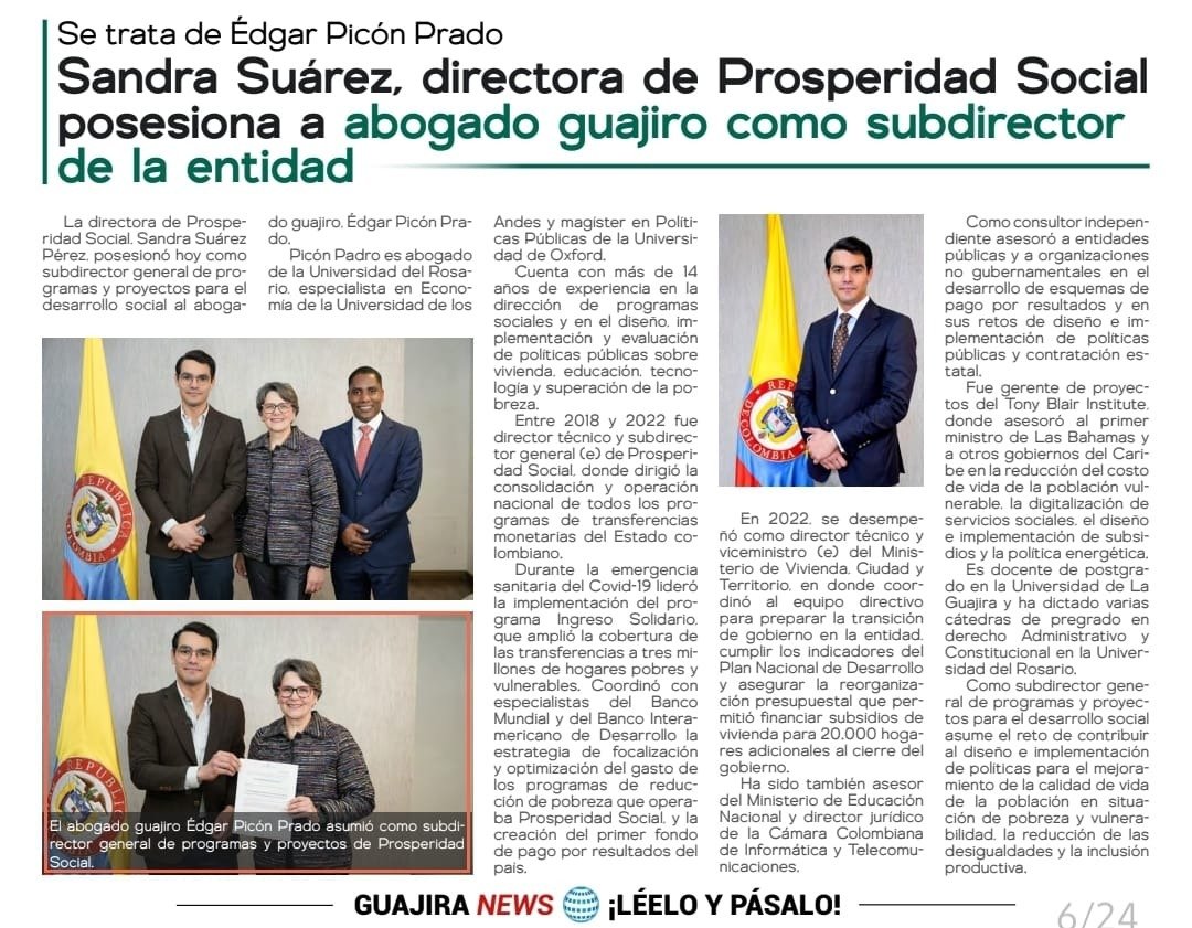 ProsperidadCol's tweet photo. #SomosNoticia 🗞️ | Sandra Suárez (@sandrasuarezp), directora de @ProsperidadCol posesiona a abogado guajiro como subdirector de la entidad.

@PiconPrado es abogado de la Universidad del Rosario, especialista en Economía de la Universidad de los Andes y magíster en Políticas Públicas de la Universidad de Oxford.
Vía @guajiranews ⬇️
 https://t.co/BrdFi7rtZb