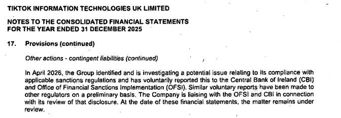 _IainMartin's tweet photo. TikTok is investigating a potential issue relating to sanctions compliance with Central Bank of Ireland (CBI) and Office of Financial Sanctions Implementation (OFSI). Similar voluntary reports have been made to other regulators on a preliminary basis. 
What is this? https://t.co/Jft5T21rtt