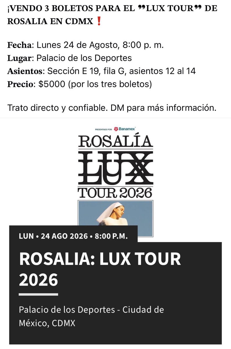 AngelTr35710666's tweet photo. @dreast7 @ailoviutl Hola. Yo también tengo 3 boletos para el 24 de agosto. https://t.co/noed8yrk6G