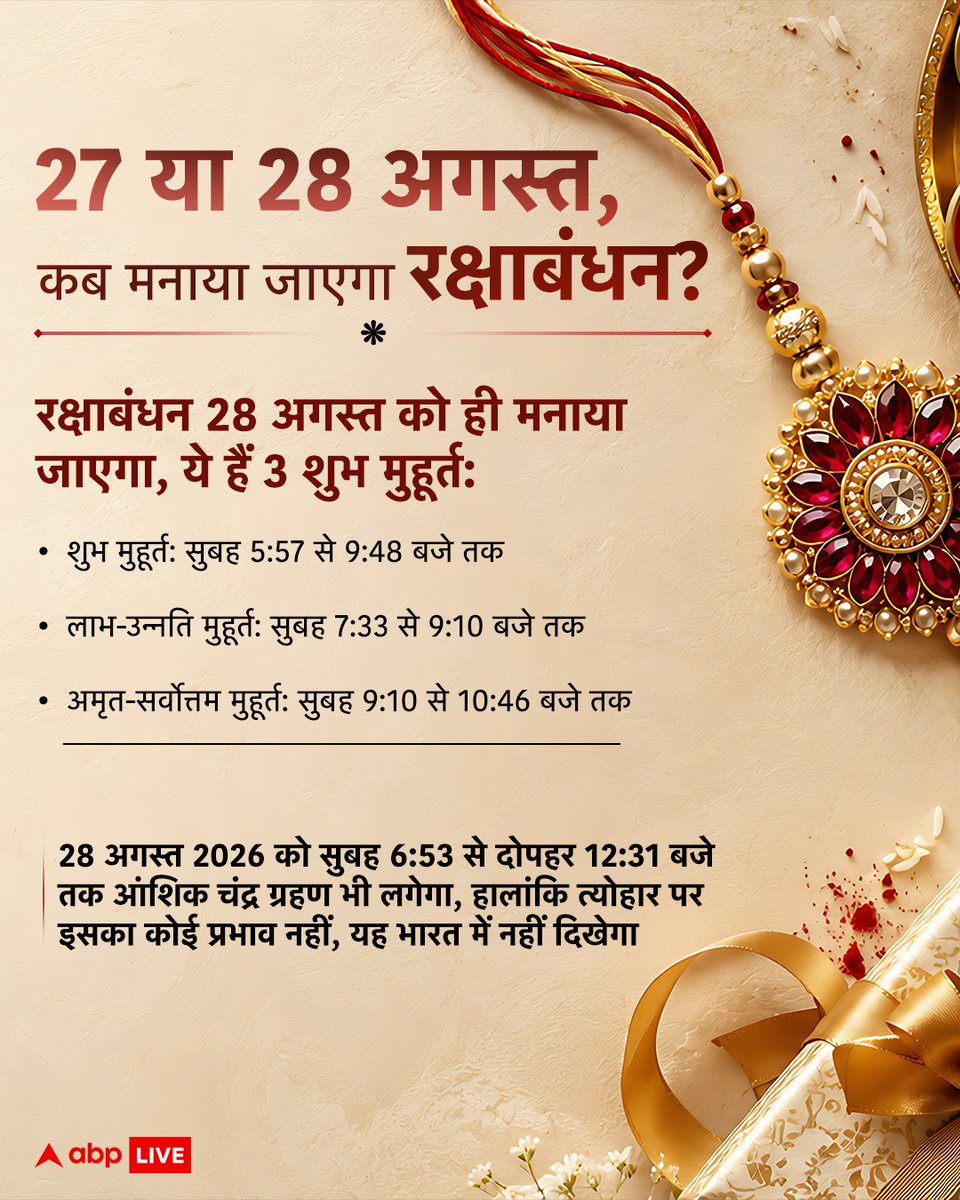 ABPNews's tweet photo. 27 या 28 अगस्त, कब मनाया जाएगा रक्षाबंधन? शुभ मुहूर्त से लेकर चंद्र ग्रहण के प्रभाव तक...सबकुछ यहां जानिए!

#RakshaBandhan #Rakhi #ChandraGrahan #ABPNews https://t.co/s1sZnNvldN