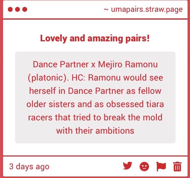 umapairs's tweet photo. Today’s tenth pair is Mejiro Ramonu &amp; Dance Partner! (Platonic)

Headcanon in images.

Extra (from 🌙): Dance Partner isn’t in Uma Musume.

#MejiroRamonu #DancePartner https://t.co/pFL8XEAaVp