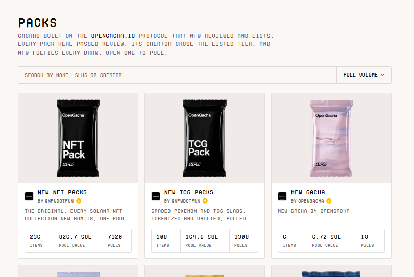 PelGOD1's tweet photo. NFW just added a new way to pull.

Packs are now live, with gachas from OpenGacha being reviewed and listed on NFW.

Y00ts and MEW packs are already there, and the Zard pack just landed.

Each pack has its own pool and pull history, so you can see exactly what you're getting into before pulling.

More packs are already in review.

@nfwdotfun https://t.co/wbX03wp7AH