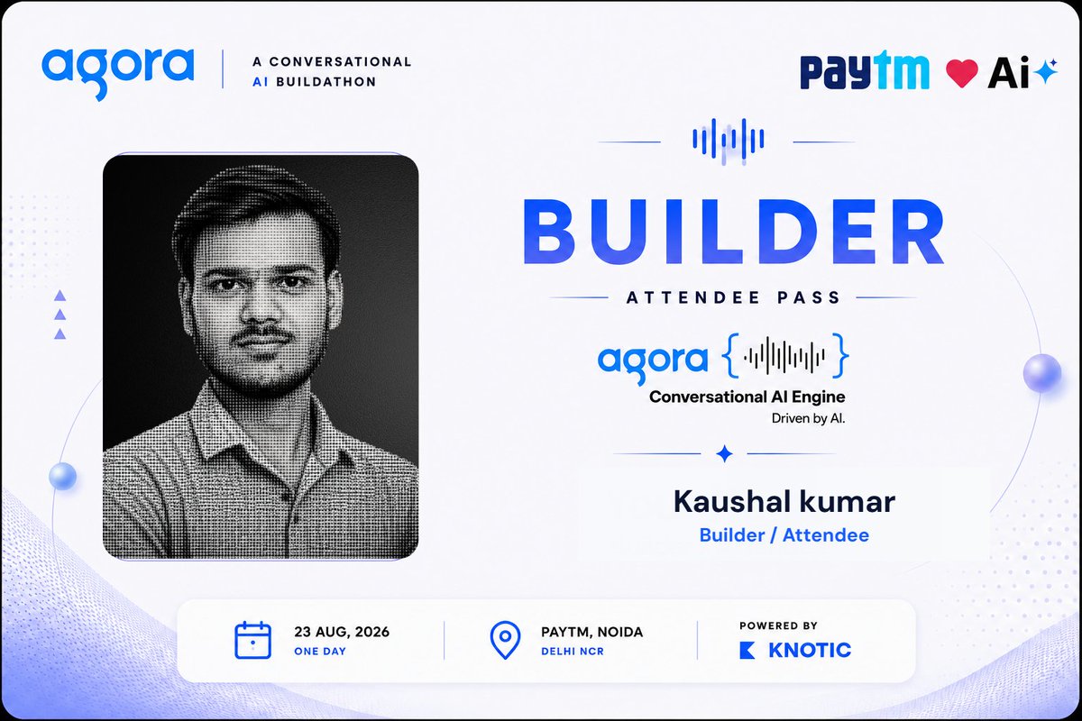 Kaushalkrsna's tweet photo. See you at the Agora × Paytm AI Buildathon.
Excited to spend a day building, meeting founders & engineers, and pushing conversational AI ideas into real products.
If you're attending, let's connect.
Building > talking.
#AI #Buildathon #PaytmAI #Agora #ConversationalAI #Noida https://t.co/wBaqTbH0mq