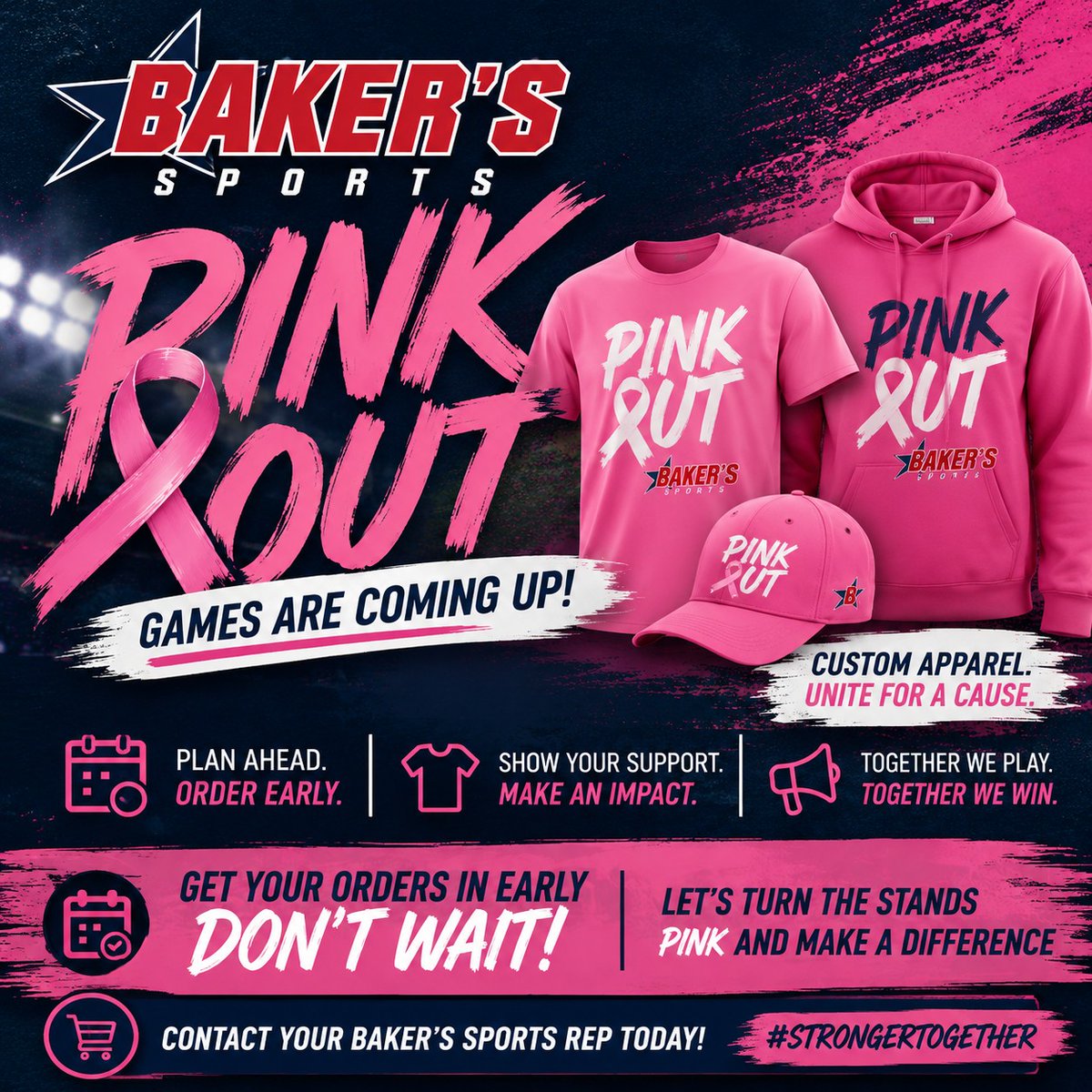 BakersSports's tweet photo. PINK OUT SEASON IS COMING! 

Don’t wait until game week to get ready!  Baker’s Sports is here to help your teams, schools & fans PINK OUT the stands with custom apparel and gear.

📅 Plan ahead.
🎀 Support the cause.
💪 Make an impact.
GET YOUR ORDERS IN EARLY! Contact your Baker’s Sports rep today and let’s make this Pink Out season one to remember!
#BakersMade #PinkOut #BakersSports #StrongerTogether #BreastCancerAwareness #TeamBakers