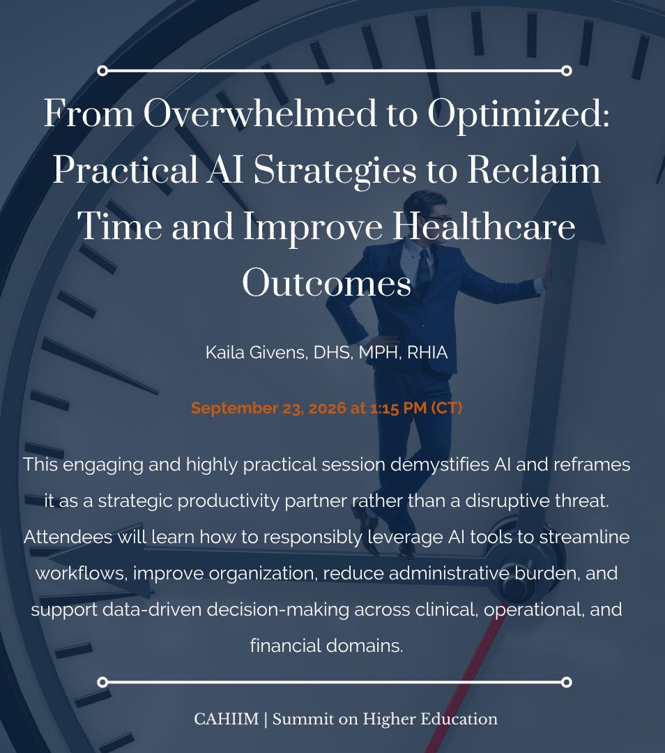 CAHIIM_'s tweet photo. Feeling overwhelmed? Join us at the CAHIIM Summit and listen to Dr. Kaila Givens share how to leverage AI as a productivity partner to streamline workflows and reduce administrative burden.

Register today: https://t.co/v0sfoMsMNN https://t.co/uprft7NaCY