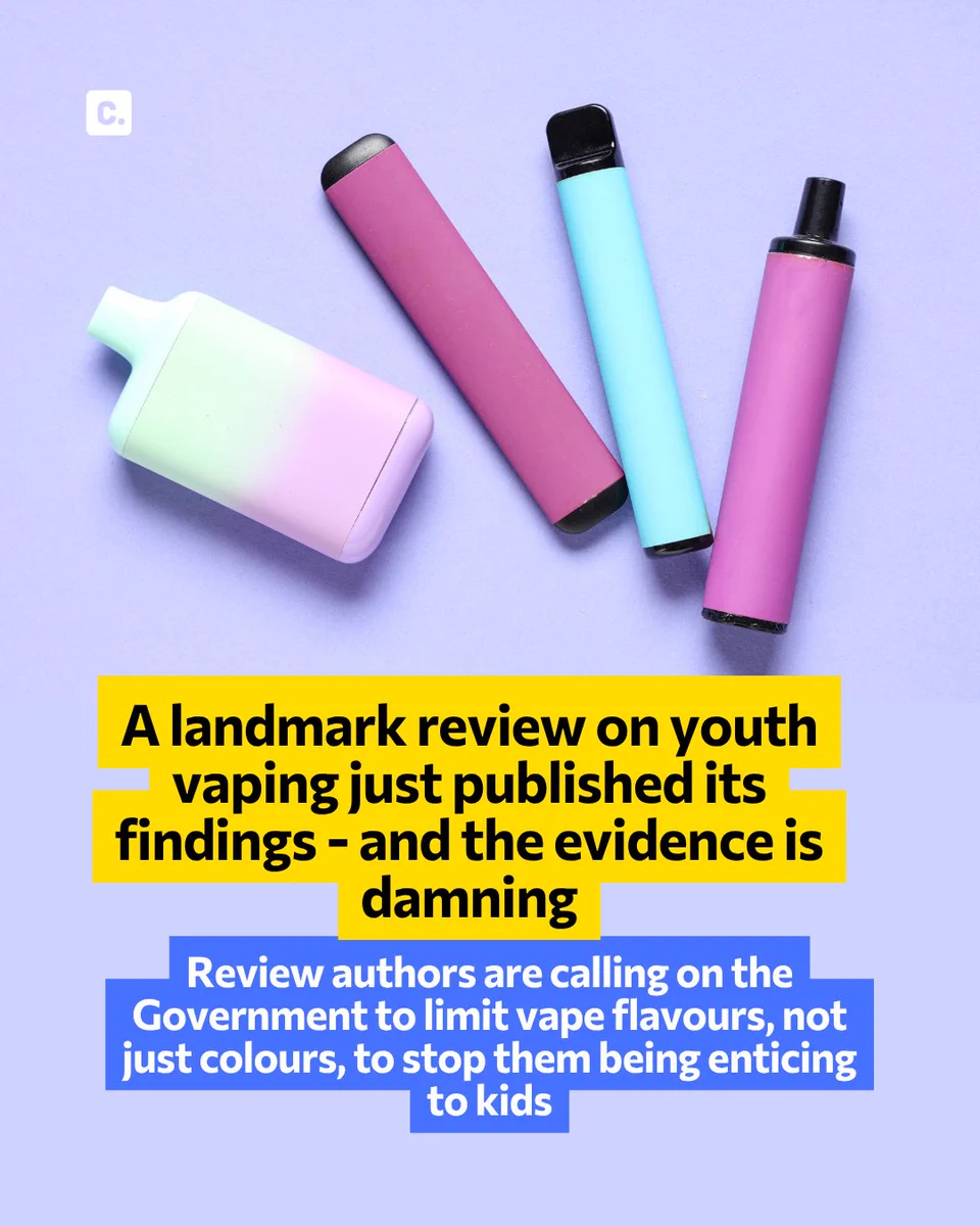Colorful vaping devices on a purple background with text about a youth vaping review.