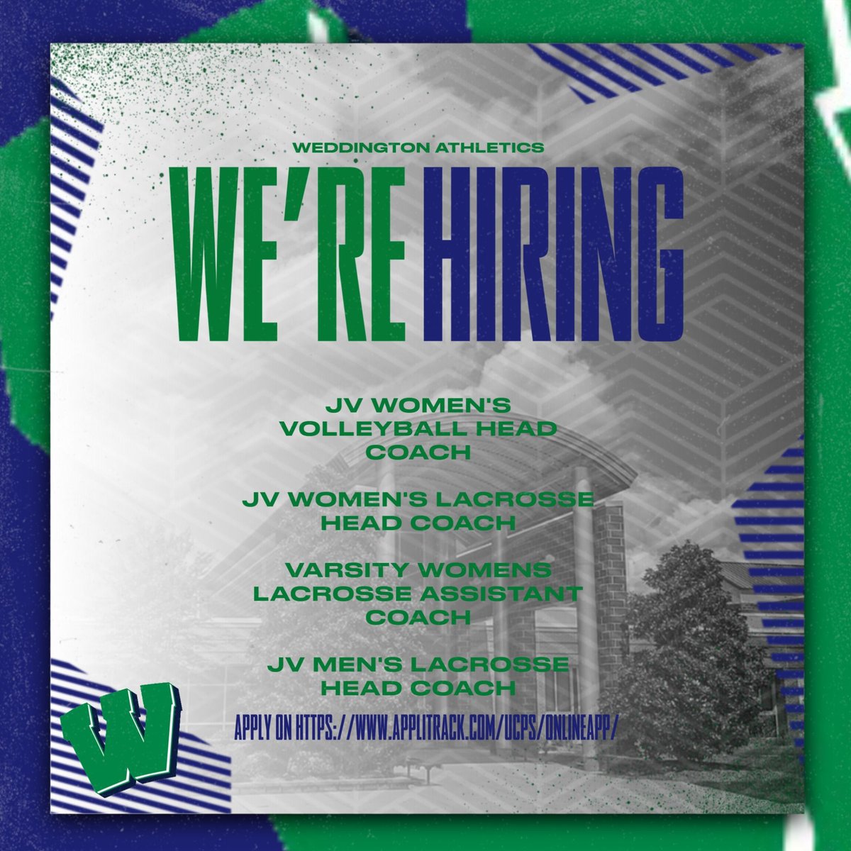 WHSwarriors's tweet photo. Weddington Athletics is hiring coach's for the following positions. JV Women's Volleyball Head Coach, JV Women's Lacrosse Head Coach, Varsity Women's Lacrosse Assistant Coach, JV Men's Lacrosse Head Coach. @AGHoulihan @UCPSNC @UCPSNCAthletics @WeddingtonHSNC 
@NASAthleticZone https://t.co/LZX1ENStak