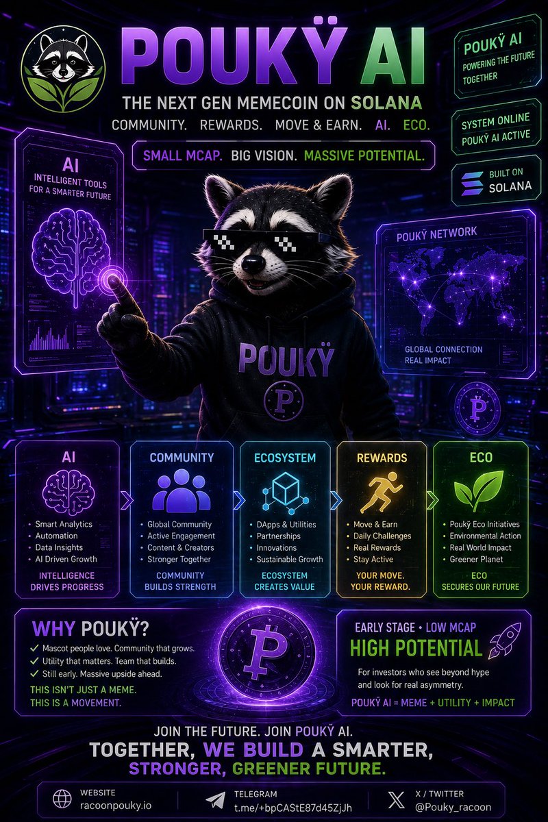 Pouky_racoon's tweet photo. 🦝 POUKŸ ISN’T JUST ANOTHER MEME.

Most memecoins are built around hype.

Poukÿ is building an ecosystem. 🚀

🟣 Memecoin built on Solana
🤖 Poukÿ AI — intelligent tools & automation
🎁 Poukÿ Rewards — participation with real rewards
🏃 Move & Earn — activity becomes part of the ecosystem
♻️ Poukÿ Eco — AI + environmental action
🌎 Community — built to grow beyond crypto

And we’re still EARLY.

Small market cap.
Big vision.
A team that keeps building.
A community that keeps growing.

For those searching for the next early-stage project, don’t just look at the chart.

Look at what’s being built behind it. 👀

🦝 $POUKY
⚡ Solana

🌐 https://t.co/L45OTfQngY
💬 https://t.co/xGseDUTK0H
𝕏 @Pouky_racoon

MEME + UTILITY + COMMUNITY + IMPACT

The raccoon is just getting started. 🦝🚀