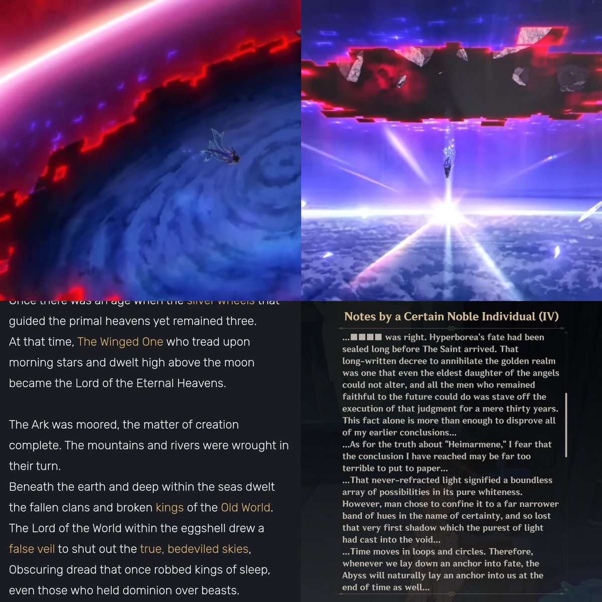 luluraemi's tweet photo. it’s ironic heavenly principles itself claim they have protected teyvat by shutting out the bedeviled skies by creating false sky.

but from making the fate system and throwing all possibilities away, it’s end up amplifying the abyss around teyvat given belyi tsar, monomakh note. https://t.co/Zk7zoKPWhm