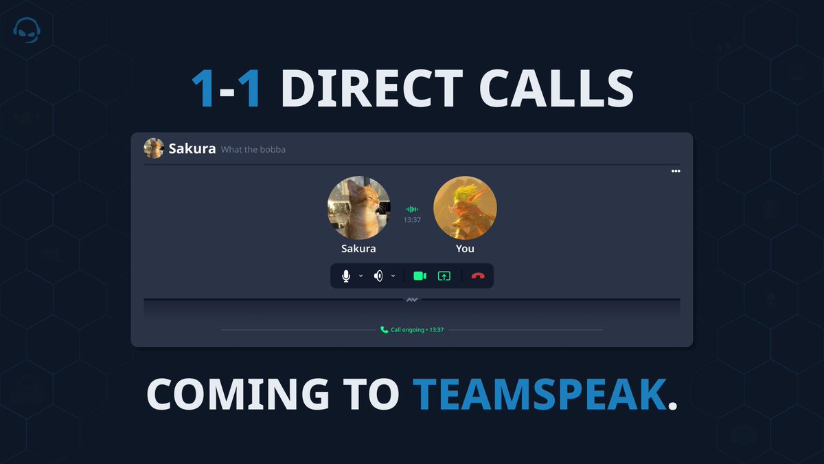 teamspeak's tweet photo. 1-1 Direct Calls are coming to TeamSpeak

Your friends will be one call away. No Server required.

Currently in Alpha Testing - coming soon. https://t.co/kjeOLje0Uj