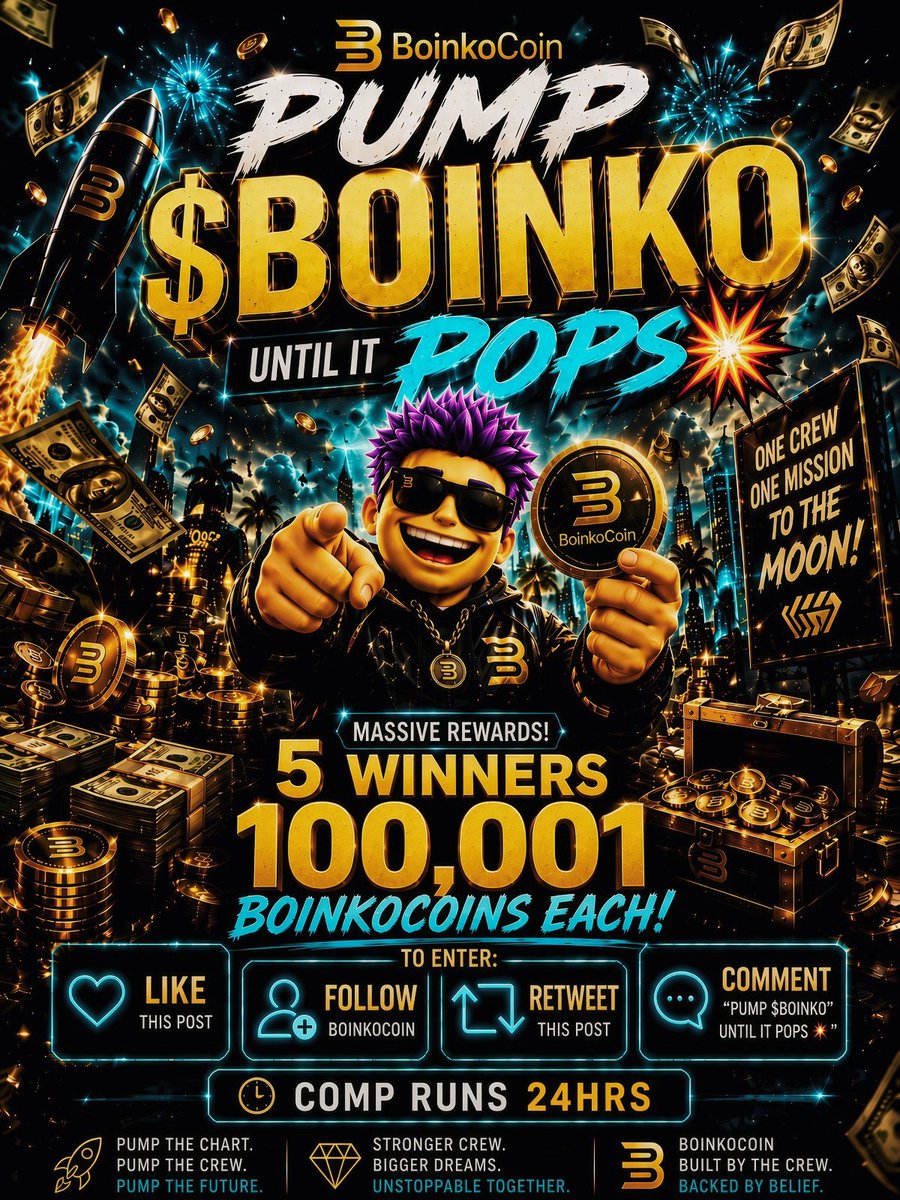 BoinkoCoin's tweet photo. You voted PUMP $BOINKO 👇🏻 

PUMP $BOINKO until it pops💥

5 Winners each receive 100,001 BoinkoCoins 

To enter:
❤️ LIKE this post
➕ FOLLOW @BoinkoCoin
🔁 RETWEET 
💬 COMMENT “PUMP $BOINKO until it pops💥”

⏰ Comp runs 24 hours

Let’s go CREW🚀 🚀 🚀

#BoinkoCoin #PumpIt https://t.co/Z8zpzFYtF9