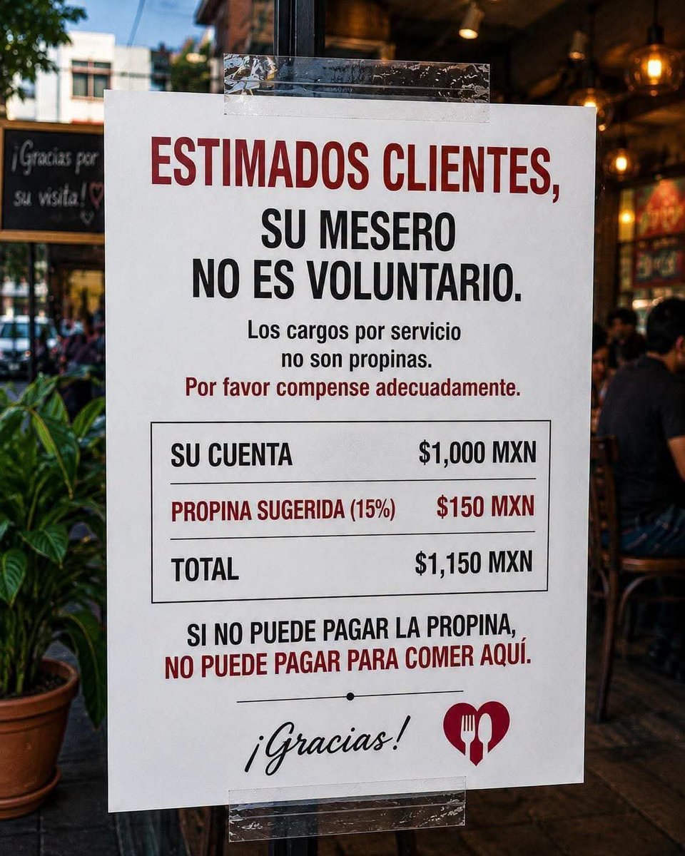 AlejandraM78461's tweet photo. ¿USTEDES QUÉ OPINAN?

Este restaurante puso este letrero:
"SI NO PUEDE PAGAR LA PROPINA, 
NO PUEDE PAGAR PARA COMER AQUÍ"

Su cuenta: $1,000
Propina sugerida 15%: $150 
Total: $1,150

Entiendo que los meseros no viven de aire... 
pero ¿obligar la propina así? 

¿Apoyan o no? Los leo 👇