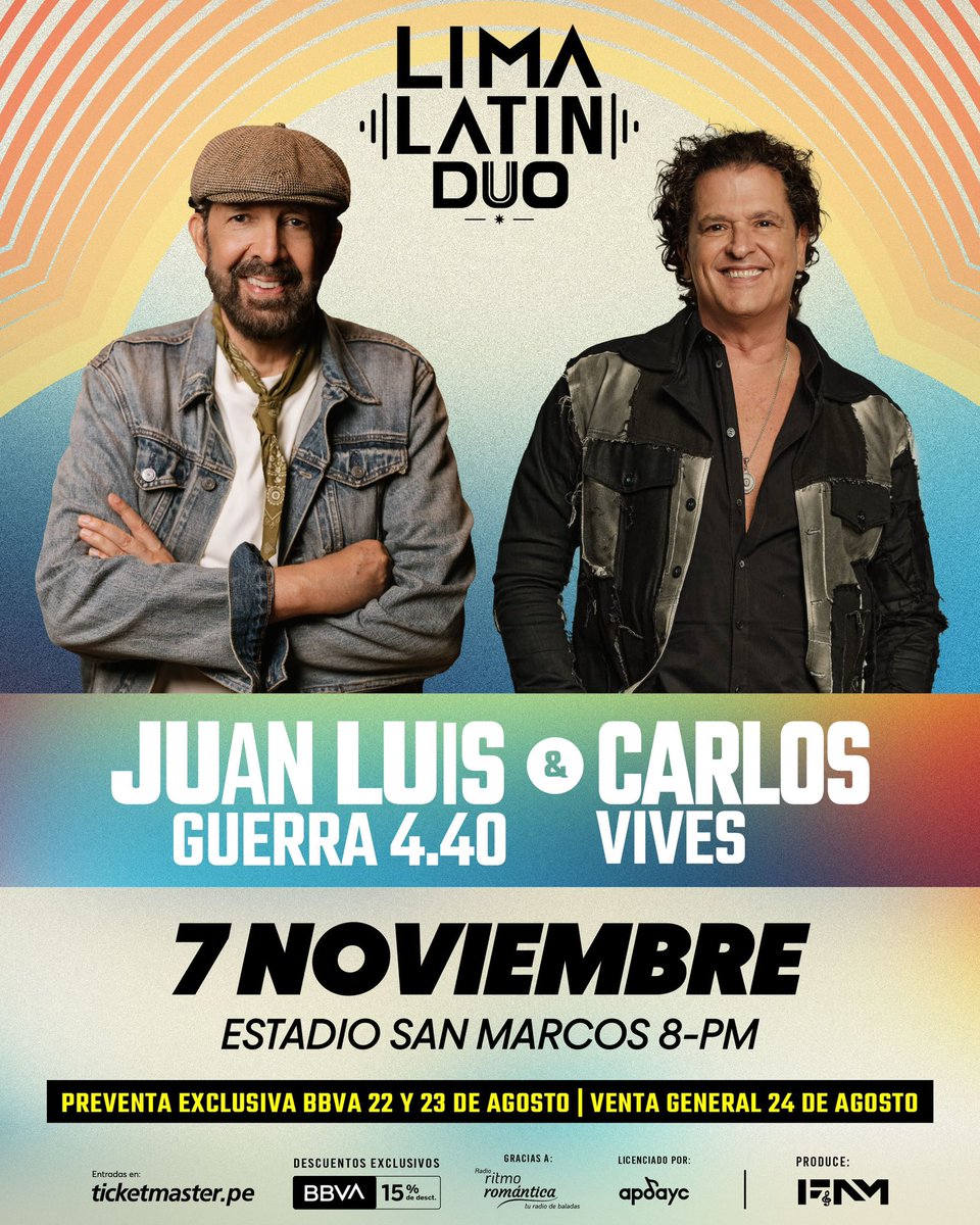 conciertosperu's tweet photo. Oficial: Juan Luis Guerra y Carlos Vives llegan con el Lima Latín Dúo 

📆 7 de noviembre 
📍 Estadio San Marcos

💳 Preventa exclusiva BBVA con 15% de dscto este 22 y 23 de agosto
🎫 Venta general disponible el 24 de agosto https://t.co/CY2alVbAeY