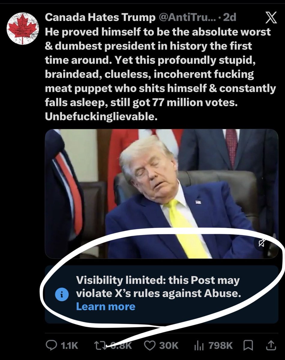 AntiTrumpCanada's tweet photo. Well, well, well… X has apparently decided THIS particular post is the one that needs to be hidden from people.

Of all the profanity, insults, Trump-induced psychosis and political shitposting I’ve unleashed on this platform, THIS is where they draw the line?

Adorable. 😂😂😂 https://t.co/D6vmfCflRZ