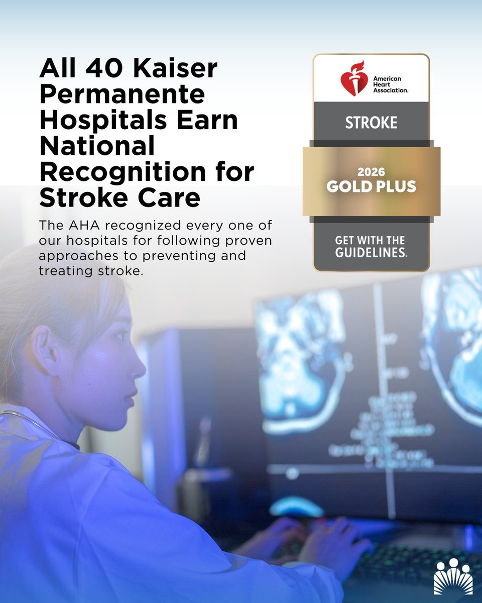 aboutKP's tweet photo. We’re proud that all 40 of our hospitals earned the @American_Heart Get With The Guidelines—Stroke Gold Plus award. We’re grateful to our care teams for their commitment to proven stroke care. 

Read more: https://t.co/UgoEXi05nJ https://t.co/Dvzx3EviuF