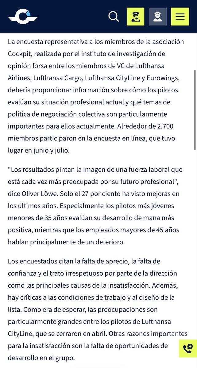 GaboAir's tweet photo. Grupo Lufthansa:
Solo uno de cada cuatro pilotos recomendaría su profesión, mientras que dos tercios la desaconsejan.

Resumen de motivos:

Falta de aprecio y de confianza y trato irrespetuoso por parte de la dirección del Grupo.

Salarios y condiciones de trabajo.
Pensiones.

Fuente: encuesta entre pilotos del Grupo Lufthansa, según artículo publicado hoy por Vereinigung Cockpit. ➡️