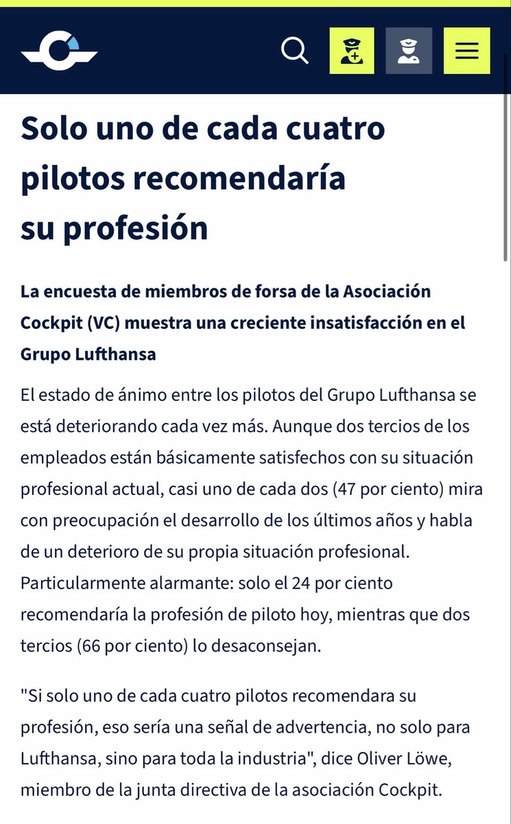 GaboAir's tweet photo. Grupo Lufthansa:
Solo uno de cada cuatro pilotos recomendaría su profesión, mientras que dos tercios la desaconsejan.

Resumen de motivos:

Falta de aprecio y de confianza y trato irrespetuoso por parte de la dirección del Grupo.

Salarios y condiciones de trabajo.
Pensiones.

Fuente: encuesta entre pilotos del Grupo Lufthansa, según artículo publicado hoy por Vereinigung Cockpit. ➡️