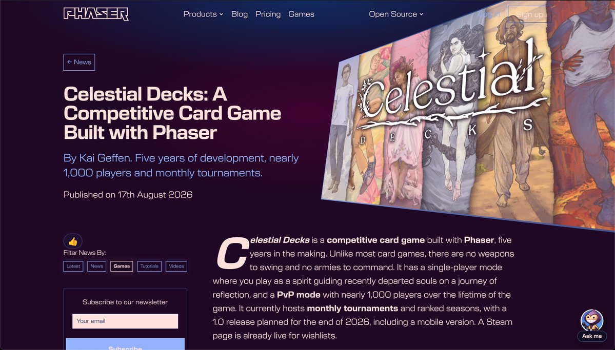 kai_geffen's tweet photo. Very cool to see this @phaser_ article come out about @CelestialDecks! It's been great to use Phaser for easy frontend over the last 5 years (After switching from a janky peer-to-peer python setup). Huge thanks to Phaser and that community 😄 https://t.co/PbtoBli7OB