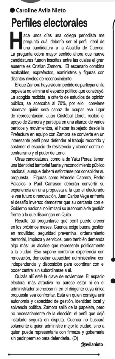 avilanieto's tweet photo. "Cuenca no tendrá que escoger solamente a quien administre mejor la ciudad, sino a quien mejor pueda representarla. En una papeleta fragmentada y sin Zamora, la ventaja estará en quien logre demostrar que puede gobernar con solvencia sin pedir permiso para defender a Cuenca."
Mi análisis sobre los "Perfiles electorales" en @elmercurioec 
https://t.co/qZqkmX44E6
