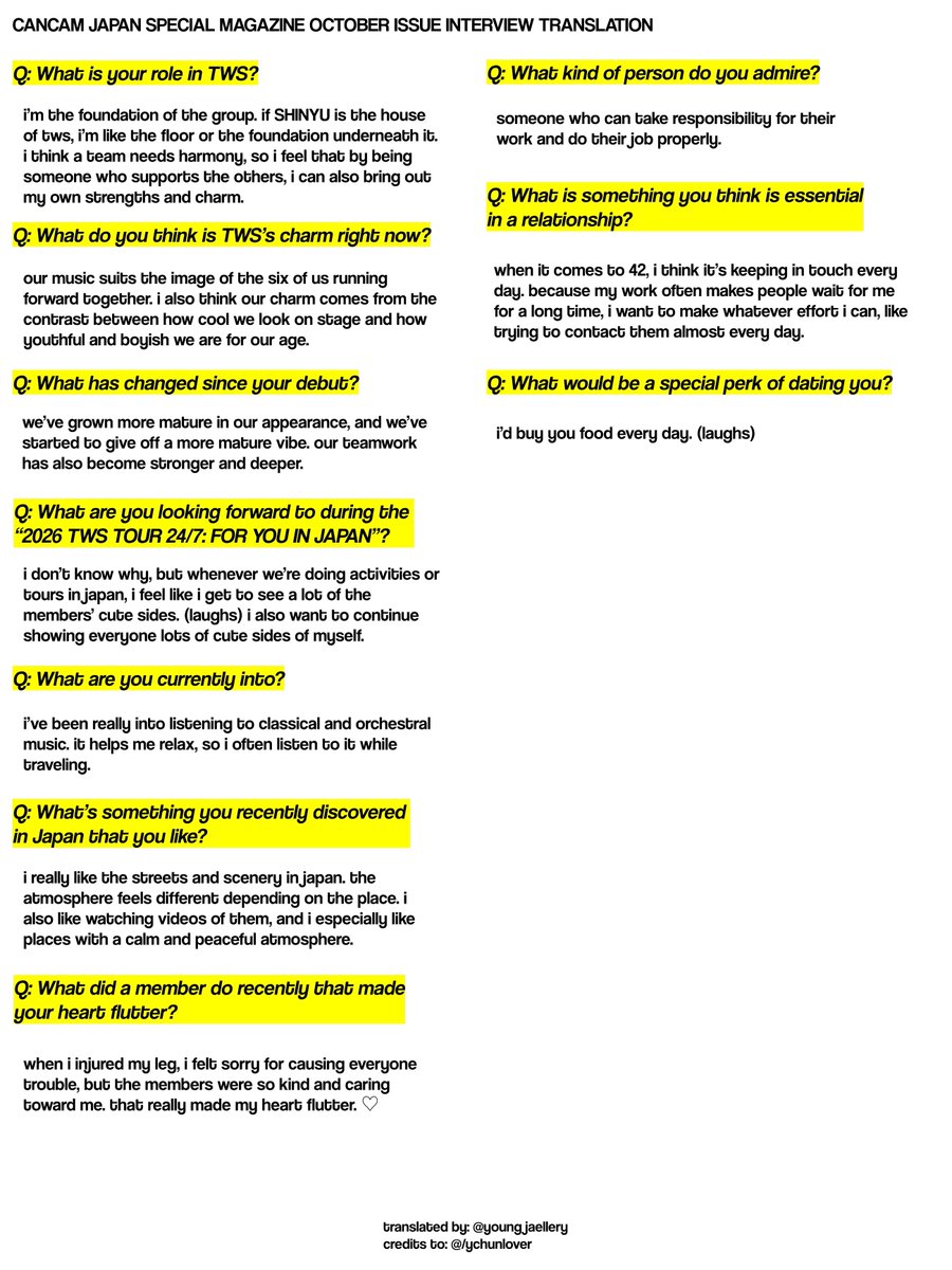 youngjaellery's tweet photo. [📝] CANCAM MAGAZINE OCTOBER ISSUE INTERVIEW | #YOUNGJAE

(t/n): interview translations are included in the photos below 

#TWS #투어스 #영재 https://t.co/AMLKaWrXuI