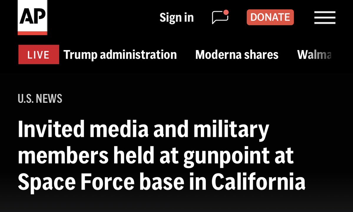 tortugatoo's tweet photo. @APNews  FFS, would it have been so hard to write something like “Mistaken for gate crashers, invited guests to Space Force detained.”

Heck, replace “detained” with “held at gun point” and it would still be 1000% less despicable. https://t.co/ZY4kw8AB3K