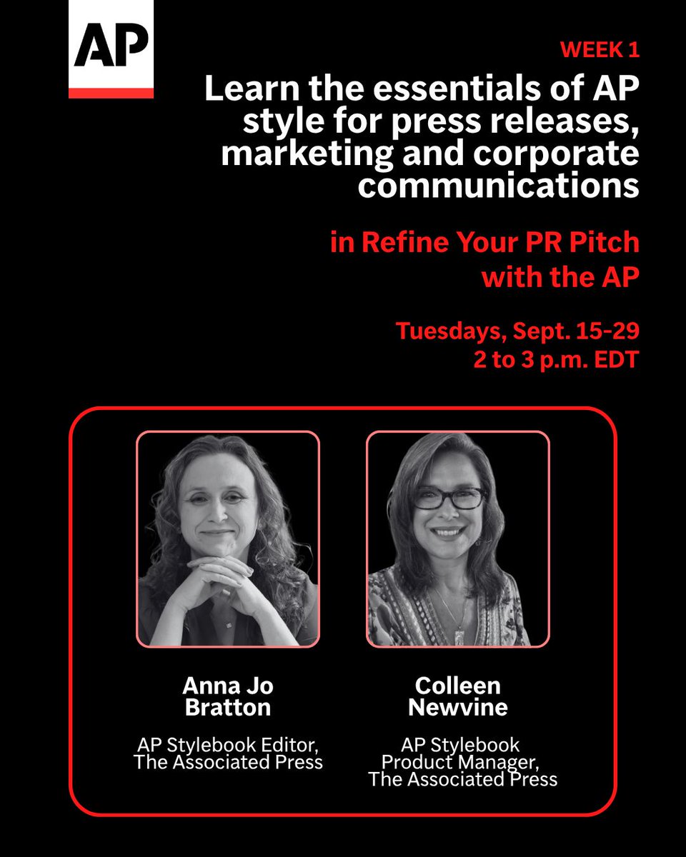 APStylebook's tweet photo. What AP style questions come up the most in your public relations writing? What questions do you have about what journalists need from you?

Refine Your Pitch with the AP starts in about a month and you won't want to miss this opportunity to polish your PR skills.
https://t.co/4hj0mlda4W