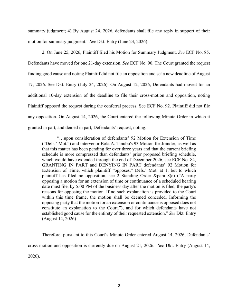 batten_von's tweet photo. Breaking News: Things are moving much faster than under the @TheJusticeDept  (DOJ) under President @JoeBiden. U.S. Attorney Jeanine Pirro (@USAttyPirro) again asked Judge Beryl Howell yesterday for more time. This is not simply an effort to stonewall. The government says it is dealing with very sensitive information. In our opinion, we believe this may mean that President Tinubu was caught and made a deal with the U.S. government, which would explain why funds were seized from his accounts but he was not criminally prosecuted.

Per U.S. Attorney Jeanine Pirro’s new emergency request, the @FBI, @DEAHQ, and U.S. Attorney’s Office are still working internally to prepare their explanation for Judge Howell, and some of what they want to tell the judge is so sensitive that they are asking to share it with her privately. The government says two declarations require what is called “ex parte in camera review”. This means they want Judge Howell to review them privately. The government says it needs additional time to complete its work and has now asked the court to move its deadline from August 21 to August 28.

This is a major development in the fight to uncover the DOJ, FBI, and DEA records concerning drug-trafficking allegations involving Nigerian President Bola #Tinubu (@officialABAT). After more than three years, the American and Nigerian people deserve to know what is in these files. We appreciate the work being done by U.S. Attorney #Pirro, the FBI, DEA, and @TheJusticeDept under President @realDonaldTrump.

In our opinion, what we will continue to tell the @realDonaldTrump Administration and Congress is this: deal or no deal, for the integrity of the United States and President Trump, especially after Venezuela, release the documents. The United States and the #Republican Party do not need another Epstein scandal.

@JDVance @SecRubio @SusieWiles47 @HouseForeignGOP @HouseForeign @SFRCdems
@StateDept @AsstSecStateAF @SenateForeign
@SenTedCruz @RepBrianMast @SusieWiles
@RepGregSteube @RepJames @Jim_Jordan
@RepRaskin @FBIDirectorKash @ChuckGrassley
@SenatorDurbin @HouseJudiciary
@JudiciaryGOP @FoxNews @washingtonpost
@joerogan @joeroganhq @seanhannity
@IngrahamAngle @chicagotribune @AGToddRokita
@GovBraun @tmhuston @INHouseGOP @indgop
@SOSDiegoMorales @indystar @JudgeJeanine @GOP  @Republicans