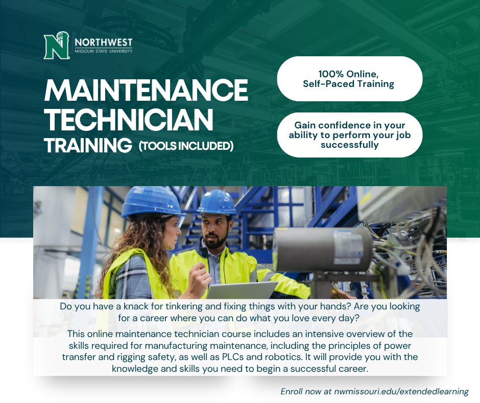 NWExtLearning's tweet photo. Turn your mechanical skills into a rewarding career! Our online Maintenance Technician program covers manufacturing maintenance, PLCs, robotics, electrical systems, and more. Plus, you'll receive a 43-piece tool kit to help you get started.

https://t.co/wiJxo5rbZf https://t.co/M94ZZDlXOP