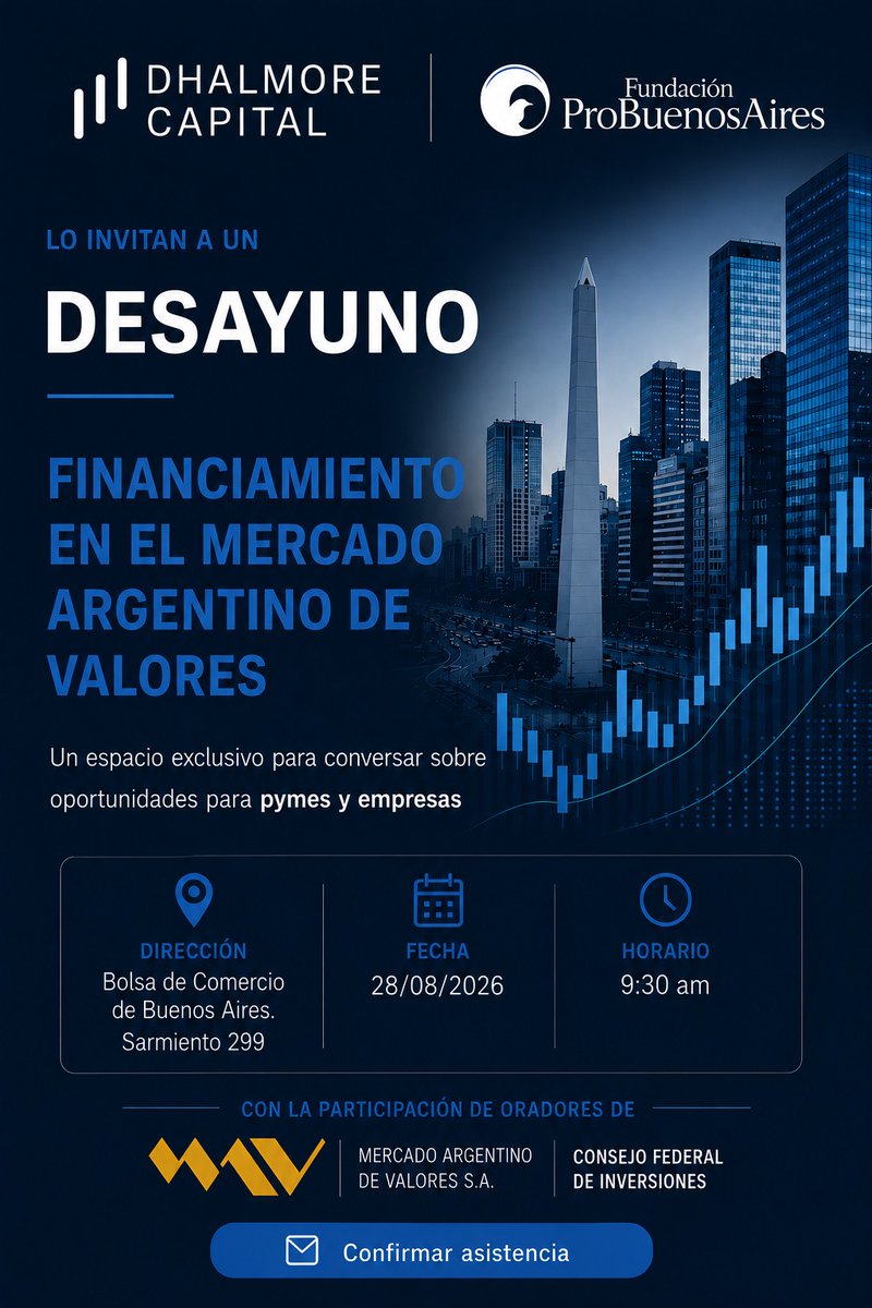 dhalmorecapital's tweet photo. FINANCIAMIENTO PARA PYMES Y EMPRESAS

El 28/8 organizamos junto a @fprobuenosaires una charla sobre las opciones de financiamiento que ofrece el mercado argentino de valores.

Cheques de pago diferido, pagarés, factura de crédito electrónico y otras alternativas que muchas PyMES y empresas todavía no exploraron.

Participarán también oradores del @MAVSAOficial y el @CFI_Argentina.

Salón de Actos de la Bolsa de Comercio de Bs. As., 9:30 hs. Entrada gratuita con registro previo:
 https://t.co/3Vj8umOohK