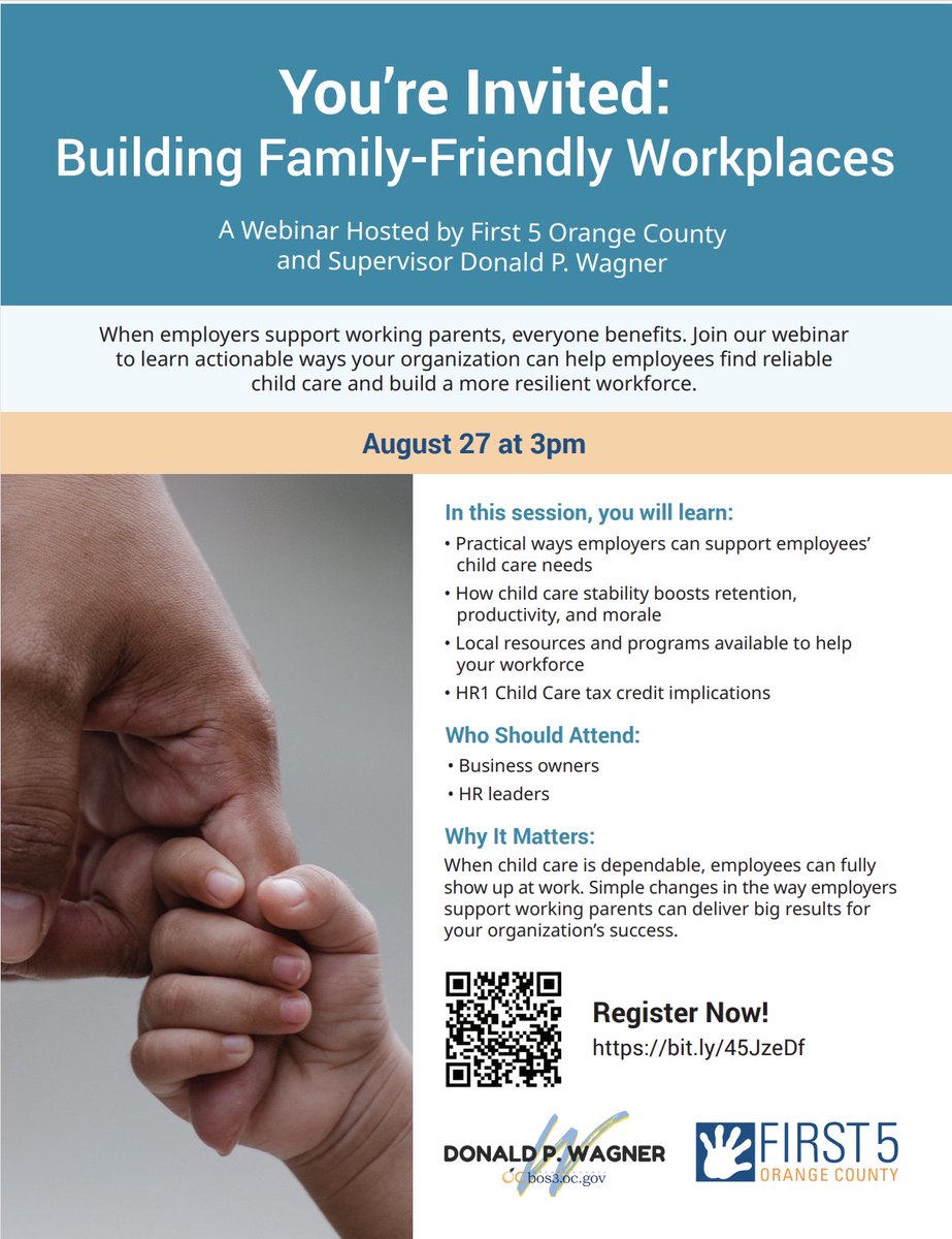 DonWagnerCA's tweet photo. Next Thursday, I'll be co-hosting a webinar with @First5OC discussing building family friendly workplaces. 

Orange County business owners looking to build a family forward workplace should register for this free webinar to learn more. 

Looking forward to this helpful webinar! https://t.co/3ktgxMVNny