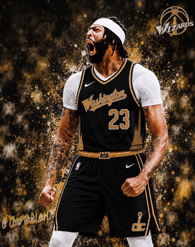 justablam's tweet photo. Continue Push for #WashingtonWizards rebrand (or at least a BIG brand adjustment/new uniforms). Here are two new edits/designs of #TraeYoung and #AnthonyDavis. (AND an added bonus the three Tr(a)es aka 'Tres Amigos' @SleeperWizards (with the addition of Tre Mann) or my nickname for the trio... 'The Tres Musketeers' ⚔️ ... with the French🇫🇷 player connection on the team... makes sense! 🥖🍷🧀).

@WizardsMuse1 
@polo22mm 
@PFTCommenter 
@WashWizards