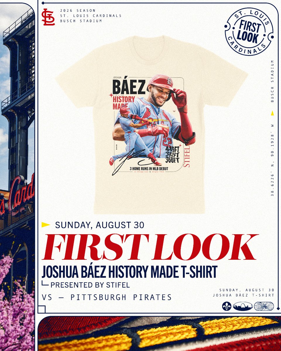 Cardinals's tweet photo. Celebrate the greatest debut in MLB history!

Join us on Sunday, August 30th for an exclusive Joshua Báez History Made T-shirt giveaway!

Learn more at https://t.co/HcbAyezW3q https://t.co/aDlzgtjLQG
