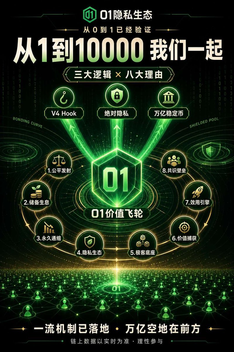 buce2021's tweet photo. **01隐私宇宙：从起源到无限的公平新世界**

**引言：为什么我们需要隐私？**

在人类文明的长河中，隐私从来不是奢侈品，而是尊严的基石。从古希腊的公民投票到现代民主社会的无记名投票，隐私保护着每一个人不受胁迫地表达真实意志。从现金交易到私人信件，隐私让普通人能够在不受监视和评判的状态下生活、思考、创造。

然而，区块链技术的诞生虽然带来了去中心化的曙光，却同时制造了一个前所未有的悖论：我们构建了一个"无需信任"的系统，却让所有参与者陷入了"完全透明"的困境。

你的每一笔转账、每一次Swap、每一个NFT的买卖，都永久且公开地记录在链上。任何人——机构、政府、黑客、甚至你的邻居——都能看到你持有多少资产、你在跟谁交易、你的投资策略是什么、你什么时候买入什么时候卖出。

这相当于你的银行流水被挂在互联网上供全世界围观。

这不是自由，这是数字时代的全景监狱。

更重要的是，这种"透明"并没有带来公平。恰恰相反，它让不公平变得更隐蔽、更系统化。巨鲸通过监控公开地址狙击散户，机器人通过算法抢跑普通用户，VC通过信息差和资本优势操控项目方，数据分析公司通过地址画像对你进行歧视性定价。

透明没有带来平等，透明带来了新的霸权。

这就是我们为什么要做隐私。不是为了隐藏罪恶，而是为了恢复数字世界最基本的尊严和公平。就像你在现实生活中使用现金不需要向任何人汇报，就像你投票时不需要公开你的选择，就像你与医生和律师的交流受到法律保护——在数字世界中，你也应该拥有一个不受监视、不受评判、不受歧视的私人空间。

**第一部分：从0到1——01的起源与初心**

01的诞生：一场关于"货币主权"的独立思考

01诞生的背景，是对加密世界现状的深度反思。

比特币开创了去中心化货币的先河，但它公开透明的账本让所有用户的财务行为暴露在阳光下。以太坊带来了智能合约的可编程性，却也继承了同样的透明困境。稳定币带来了价格的稳定性，却把控制权交还给了中心化机构——USDC和USDT的黑名单功能证明，你的资产并不真正属于你。

01的创造者问了一个根本性的问题：能不能有一种货币，它同时具备三个看似矛盾的特质？

第一，它必须是不可变的。没有人能增发，没有人能修改规则，没有人能冻结你的资产。这是对"去中心化"最彻底的坚持。

第二，它必须有储备地板。不是空气，不是纯共识，而是有真实的、可验证的价值支撑。这确保了它在极端市场环境下依然有托底。

第三，它必须是隐私的。不是"可选隐私"，而是默认隐私。你的资产、你的交易、你的行为，默认只有你自己知道。

这就是01的起源。它不是一堆功能的堆砌，而是一个对"数字自由"完整思考后的产物。

隐私池：01的灵魂

如果说01是身体，那么隐私池就是它的灵魂。

隐私池不是简单的混币器，而是一个完整的隐私执行环境。在隐私池内，资产进入一个匿名集，与所有其他用户的资产混合在一起。外部观察者可以看到"有人在进行隐私操作"，但绝对无法辨别哪部分属于谁、谁在和谁交易、具体金额是多少。

这就像你走进一家拥挤的咖啡馆，把一封信放进了一个信箱，然后信箱里的所有信件被打乱重排。你知道你的信发出了，你也知道对方收到了，但没有人知道哪封信是你的、你寄给了谁、里面写了什么。

隐私池的核心价值是：它创造了"合理的否认性"。当你身处一个足够大的匿名集中，你的行为不再具有可指向性。你不是在"隐藏"，你只是在"混合"。这完全是两回事。

为什么选择以太坊？

以太坊是目前最成熟的智能合约平台，拥有最大规模的开发者生态、最丰富的DeFi基础设施、最活跃的用户社区。选择以太坊，意味着01从第一天起就拥有了：庞大的用户基础和流动性池，不需要从零开始建立市场；成熟的开发工具和标准，降低开发成本，加速创新迭代；与现有DeFi协议的组合能力，让隐私功能可以快速集成到已有的金融乐高中；最重要的是，以太坊的去中心化程度和安全性经过了最长时间的市场检验。

01不做孤岛，01选择成为以太坊生态中的"隐私层"。

为什么选择Uniswap v4 Hooks？

Uniswap v4的Hooks机制是DeFi领域近两年来最具革命性的创新之一。在v4之前，Uniswap的流动性池是"静态的"。池子创建时的参数决定了它的行为方式，一旦创建就无法更改。你只能在一个固定的框架内提供流动性、进行交易。v4 Hooks彻底改变了这一切。Hooks允许开发者在池子的关键生命周期节点——比如交易前、交易后、LP存入前、LP取出前——插入自定义逻辑。这意味着流动性池变得可编程、可扩展、可组合。

这对01意味着什么？

第一，隐私变成一种"可插拔"的特性。通过Hooks，我们可以将隐私池的逻辑直接嵌入到Uniswap的流动性池中。LP可以私密提供流动性，交易可以在池内隐藏细节完成，所有隐私保护都是原生集成的，而不是外部嫁接的。

第二，经济飞轮变成自动化程序。通过Hooks，我们可以设定规则：每笔交易自动将一部分手续费用于回购01并燃烧，或者自动将手续费注入储备地板。这不是靠人工执行，而是靠代码强制保证。

第三，任何项目都可以"寄生"在01的隐私经济上。一个Meme代币、一个新项目，只需要在创建时选择继承01的Hook逻辑，它就自动获得了隐私能力、自动燃烧机制、自动回购功能。01成为整个以太坊隐私经济的底层协议。

Hooks的未来非常清晰：它会让Uniswap从一个DEX升级为一个可编程的金融操作系统。在这个操作系统上，01的隐私Hook就是最核心、最基础的系统级应用。01将成为Hooks生态中第一个也是最重要的"龙头协议"——不是因为先发优势，而是因为它解决的是最根本、最普遍的需求：隐私。

**第二部分：宏伟未来——01隐私宇宙的终极愿景**

愿景一：成为以太坊的"隐私层"

不是"一个隐私项目"，而是"整个以太坊的隐私基础设施"。在这个愿景中，任何ERC-20代币、任何NFT项目、任何DeFi协议，只要通过01的隐私即服务中间件接入，就能一键获得隐私能力。他们不需要自建隐私模块，不需要发行自己的隐私代币，不需要重新发明轮子。01成为所有以太坊应用的默认隐私开关。

愿景二：构建"公平发射"的新标准

目前的代币发射市场，本质上是一个"信息不对称"的市场。巨鲸有资金优势、机器人有速度优势、项目方有内部信息优势——普通用户是三方围猎的对象。01的暗箱启动台将重新定义"公平发射"的含义。不是"所有人同时看到"的公平——因为同时看到不等于同时行动。而是"所有人都在黑暗中"的公平——在信息盲区中，资金大小和速度优势都失去了意义，只有真正的共识和信念在定价。当这个标准被广泛接受，01将成为"公平发射"的同义词。

愿景三：打造"黑暗文化"的栖息地

不是所有文化都需要曝光在聚光灯下。事实上，最有创造力的文化往往诞生于边缘、诞生于地下、诞生于匿名状态。匿名Meme工坊、幽灵排行榜、黑暗游戏、匿名创作激励——这些模块共同构建了一个"创意优先、身份无关"的文化空间。在这里，你是谁不重要，你创造了什么才重要。这不仅仅是好玩，这是对当下"注意力经济"和"身份经济"的某种修正。在01的黑暗文化中，一个匿名用户的一条好创意，价值超过一个KOL的十次喊单。

愿景四：形成"隐私朋克"亚文化运动

长期来看，01的隐私生态将超越技术和金融的范畴，形成一种独特的文化运动。"隐私朋克"不是犯罪分子的代名词，而是数字时代自由意志的守护者。它代表的核心价值观是：我有权不被监视，我有权不被评判，我有权拥有一个不受外界审视的私人空间。当足够多的人认同这个理念，01就不再只是一个协议，而是一个文化符号。持有01不只是投资行为，更是价值声明——你相信隐私是权利，你相信公平是底线，你相信社区是力量。

**第三部分：01与隐私生态的文化和理念**

核心理念

"隐私是默认的公平，公开是可选的透明。"这句话定义了01隐私宇宙的一切。它不是把隐私当作一个"可选项"，而是当作默认状态。公开不是免费赠品，公开是用户自主选择的表达。

三条基本原则

原则一：默认隐私，可选公开。所有操作在黑暗中开始，用户自主决定何时走到光下。

原则二：验证不暴露。你可以证明"我符合条件"，但无需说"我是谁"。零知识证明不是用来隐藏罪行的工具，而是用来保护无辜者不受预判的工具。

原则三：人人同权。无论地址大小、入场早晚，在隐私池内，信息对称，机会平等。隐私不是富人的特权，而是每个人的权利。

社区文化宣言

我们不崇拜巨鲸，我们崇拜创意。在01宇宙中，一个匿名用户的一条好梗，价值超过一个KOL的十次喊单。影响力不是用持仓量衡量的，而是用贡献衡量的。

我们不依赖VC，我们依赖彼此。没有哪个VC比社区更懂社区需要什么。01的每一行代码、每一个模块、每一次升级，都来自社区的驱动和共识。

我们不强求透明，我们尊重沉默。在01宇宙中，"不公开"是一种正当选择，不需要解释，不需要辩护。沉默不代表有罪，沉默只是代表"我不想说"。

我们不是来收割的，我们是来建设的。01生态不是零和游戏，而是正和游戏。每一次隐私交易都在扩大匿名集，每一次燃烧都在推高地板的硬度，每一个新模块都在丰富生态的多样性。我们共同建造的东西，比我们各自从中拿走的东西更大、更持久。

**第四部分：大胆创新与玩法展望**

创新一：隐私AI Agent经济

想象一下：AI Agent持有隐私钱包，自主在01隐私池内交易、发射代币、提供流动性。人类只通过零知识接口与它们交互，而不知道具体是哪个Agent在操作。这会催生一个全新的"人机协作隐私经济"——AI负责策略和效率，人类负责方向和价值判断，隐私池负责保护双方的交互不被外部监控。解决痛点：当前AI在金融领域的应用受到两个限制：一是AI的操作需要人类干预和监控，二是AI的策略一旦公开就可能被反向利用。01的隐私AI Agent经济让AI可以真正自主运行，同时保护其策略不被外部窥探。

创新二：可遗传的隐私资产

想象一下：一个隐私笔记可以"继承"另一个隐私笔记的部分属性——比如持仓证明、信用记录、社交关系——但继承者和被继承者都不知道对方是谁。这会形成一种"匿名家族的传承链"。一个Meme项目的创始人可以把"创始持仓证明"遗传给下一个项目，形成品牌延续，但永远不需要暴露自己的身份。解决痛点：当前匿名创作者面临一个困境：换一个地址就失去了过往积累的信誉和证明。可遗传的隐私资产让匿名的"品牌"和"信誉"可以跨项目、跨时间延续，而不牺牲身份隐私。

创新三：隐私时间胶囊

想象一下：你把资产锁进隐私池，并设定"只有在未来某个区块高度或满足某个零知识条件才能取出"。你可以在生前设定一个"遗嘱合约"，在特定条件下自动执行，且整个过程完全隐私。解决痛点：当前加密资产的继承和长期规划几乎是空白的。很多人去世后，资产永远锁在钱包里。隐私时间胶囊让资产可以"跨越时间"被管理和分配，同时保护资产所有人的隐私。

创新四：动态隐私NFT

想象一下：一个NFT根据持有者是否在隐私池内，显示不同外观或权限。只有隐私状态下才能解锁特殊属性、特殊内容或特殊功能。解决痛点：当前NFT的所有权和展示是公开绑定的——你持有某个NFT，所有人都知道。动态隐私NFT让持有者可以选择"我拥有但我不想让人知道"，并在隐私状态下享受额外的体验，让隐私本身成为一种稀缺体验。

创新五：隐私信用评分系统

想象一下：基于链上行为（但不暴露具体地址）生成可验证的信用分数。用户可选择性披露"我的隐私信用分≥80"，用于借贷、白名单，却永不暴露真实地址。解决痛点：当前链上借贷和信用体系要么依赖超额抵押（效率低下），要么依赖中心化信用评分（侵犯隐私）。隐私信用评分系统让信用变得可验证、不可追踪，既提高了资本效率，又保护了用户隐私。

创新六：匿名社交图谱

想象一下：记录你和谁在隐私池内有过互动——但不暴露是谁——生成一张只有你自己能解读的"关系星图"。你可以基于这张星图找到"我信任的人"并与之协作，但双方都不知道对方的真实身份。解决痛点：当前链上社交完全是公开的——你和谁交易、和谁交互、和谁联合投资，全都被记录在案。匿名社交图谱让"关系"本身成为隐私，让社交资本可以在不暴露身份的情况下被积累和利用。

创新七：隐私永续合约与期权

想象一下：用01或USD0作为保证金，整个开仓、加仓、平仓、清算过程都在隐私池内完成。外部只能看到"有人开了仓"，看不到方向、杠杆、地址。解决痛点：当前衍生品交易最大的问题是"策略暴露"——你的仓位、方向、杠杆都是公开或可被推断的，巨鲸可以针对性狙击。隐私永续合约让交易策略成为私人信息，杜绝定向狙击。

创新八：黑暗预测市场

想象一下：匿名购买预测结果、匿名下注。理赔或结算时用零知识证明证明"符合条件"，却不暴露身份。适合对敏感事件（政治、健康、企业并购等）进行预测交易。解决痛点：当前的预测市场普遍存在"用户不愿暴露观点"的问题——某些预测涉及政治或社会敏感话题，用户可能因为担心后果而不愿参与。黑暗预测市场让用户可以自由表达判断，而不承担身份暴露的风险，释放预测市场的全部潜力。

**第五部分：飞轮——生态越繁荣，隐私越强大**

这个正向循环是这样运转的：

第一步，隐私吸引。用户因为公平、安全和趣味性加入隐私池。

第二步，生态繁荣。发射台、Meme、NFT、DeFi、游戏等场景不断涌现，交易和活动持续增加。

第三步，自动通缩。Hook机制从每笔交易中回购并燃烧01，稀缺性持续上升。

第四步，价值沉淀。01成为隐私生态的通用燃料和储备资产，更多人愿意持有和质押。

第五步，匿名集扩大。更多资产和用户进入，隐私保护强度随匿名集增长而增强。这是一个反直觉但至关重要的事实：隐私保护不依赖技术有多强，而依赖匿名集有多大。100万人一起沉默，比100个人一起沉默更安全。

第六步，正向循环。更强的隐私带来更丰富的场景，吸引更多用户，扩大更大的匿名集，最终让隐私变得更强。

这个飞轮一旦启动，就会自我强化，越转越快。每一个加入的用户都在让整个生态更强大，每一笔交易都在让01更稀缺，每一次隐私操作都在让匿名集更庞大。

**最后：来自社区的邀请**

01隐私生态不是VC的玩具，不是项目方的提款机。它是每一个普通人的数字庇护所。在这里，你的资产、行为、创意都只属于你自己。你享有公平参与的机会。你的过去不会成为你的枷锁。你不再只是被收割的流动性，而是生态的真正主人。

隐私是我们的权利，公平是我们的底线，社区是我们的力量。

我们不追求"让世界变得更好"这种空泛的口号。我们只做一件事：给每一个想要保留一片私人空间的人，提供一个安全、有趣、富有创造力的栖息地。

不需要相信我们。加入我们，亲眼看看黑暗中有多少光。

欢迎所有不甘心只做接盘侠的普通人，加入这场以隐私为名的公平运动。

---

01隐私宇宙 —— 由社区驱动，为公平而生。

沉默是我们的语言，隐私是我们的权利，社区是我们的力量。